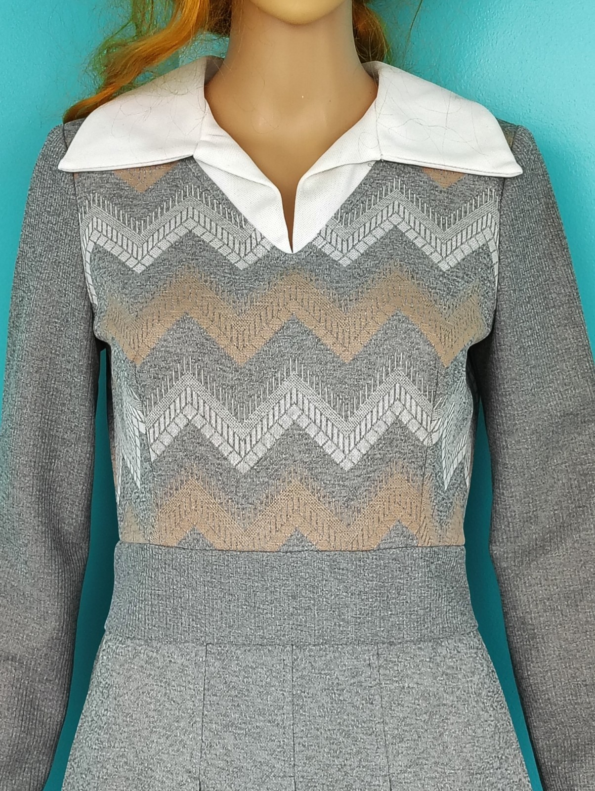 Vintage 70&rsquo;s Chevron Mini Dress Gray Peter Pan Collar Patty O’Neil NWT size: 11
