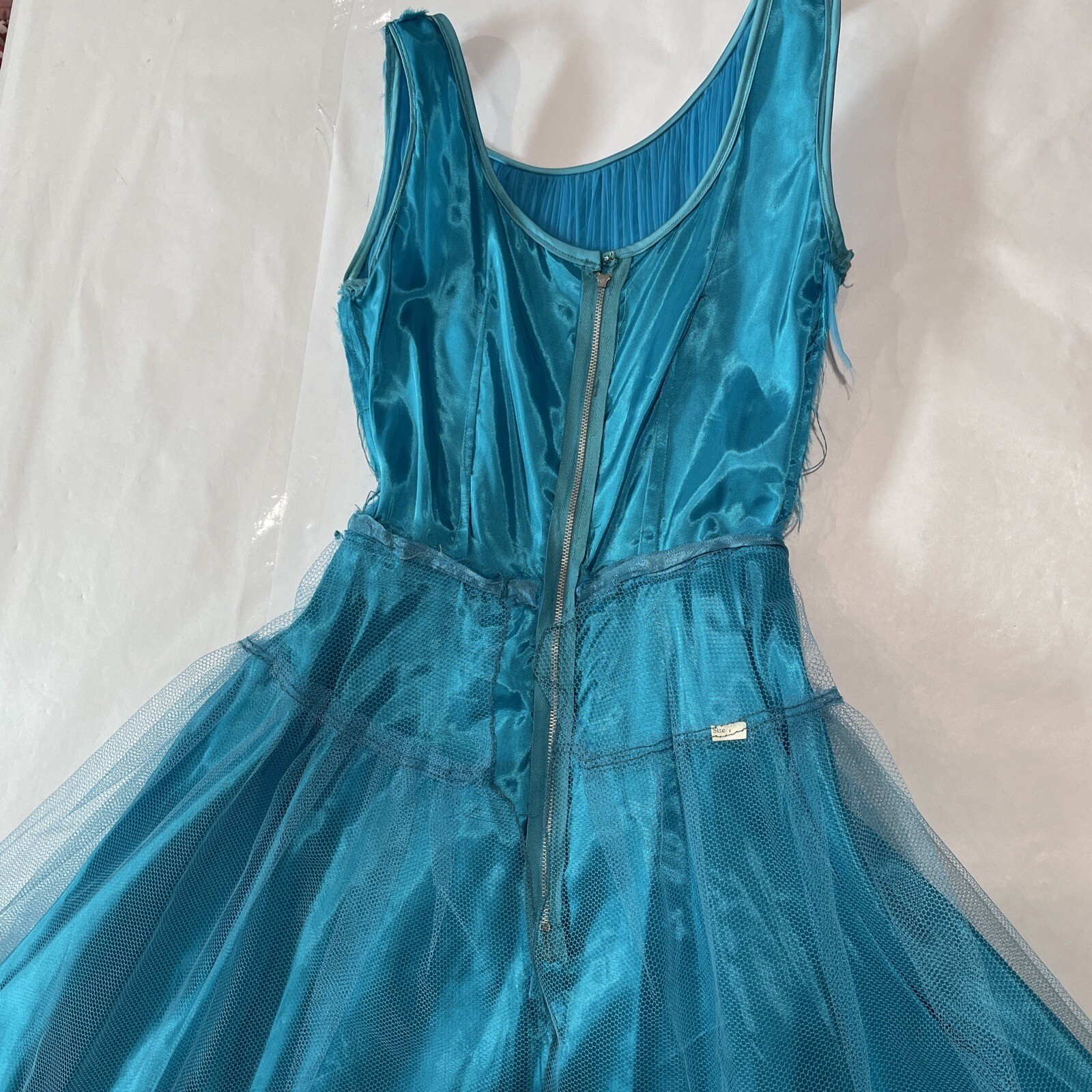 Vintage 50s 60s Chiffon Dress Prom Party Aqua Turquoise Waist 24 (SEE FLAWS