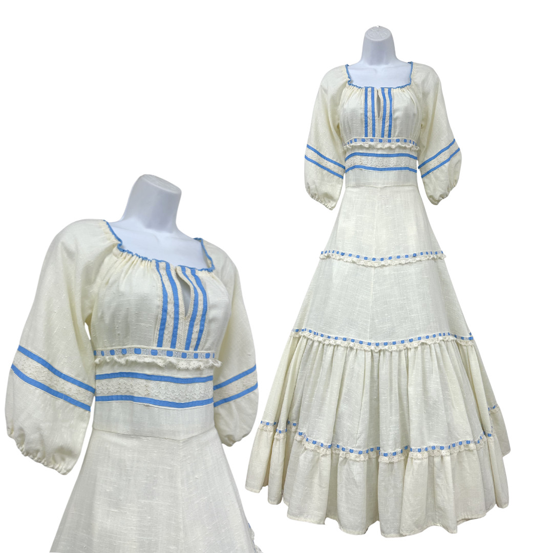 Vintage 1960s Ivory Tiered Cottagecore Maxi Dress w Blue Ribbon & Lace Detail