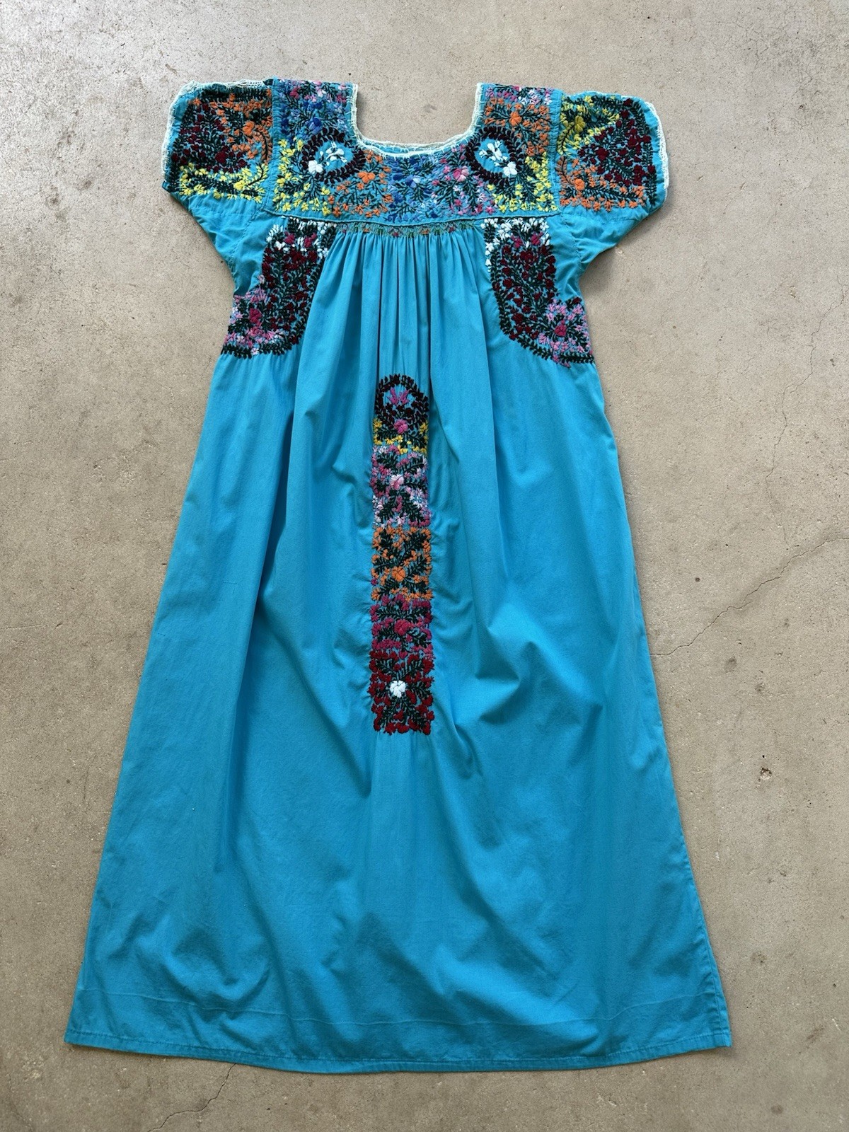 1970s San Antonino Oaxacan Huipil Dress Cotton Hand Embroidered Mexico S VTG