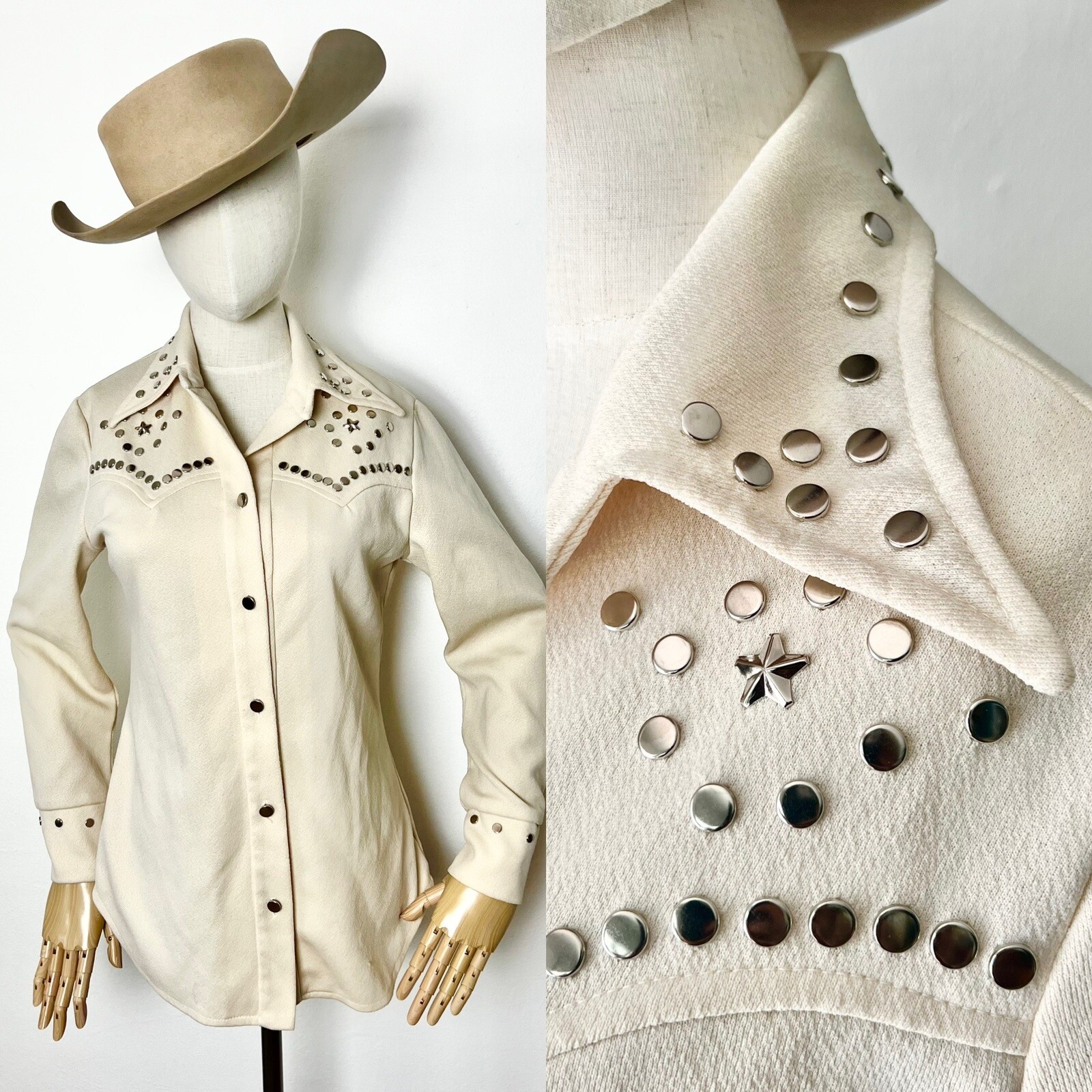 SILVER STARS & Studs 70s 1970’s Vintage Cream Western Rodeo Blouse Shirt S 36b