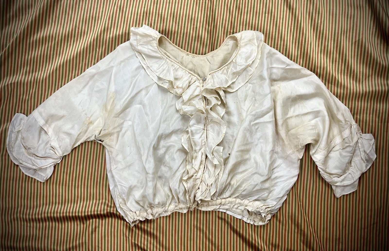 Antique Early 1900s White Silk Blouse Ruffle Front Victorian Edwardian As Is