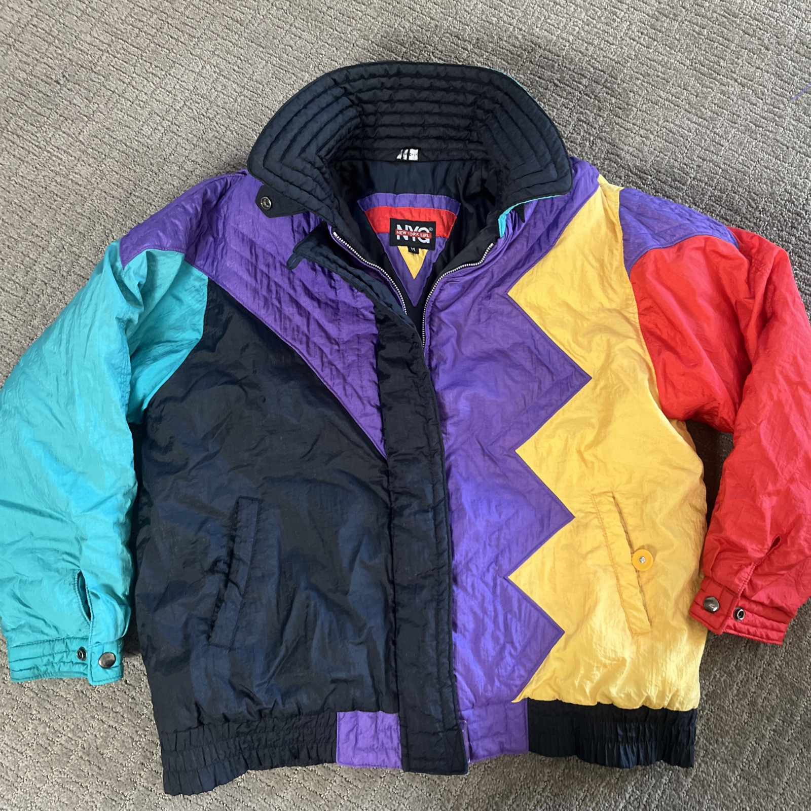 Ski Jacket Color Block Nylon Green Purple Pink New York Girl Size Medium VTG ‘80