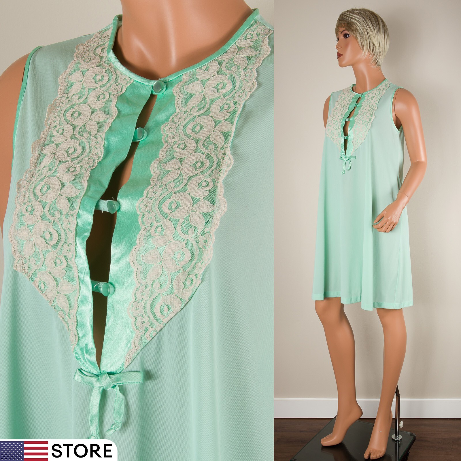 💖 GILEAD Mint Green Nightgown Babydoll Nightie Silky Nylon Lace Satin Trim M
