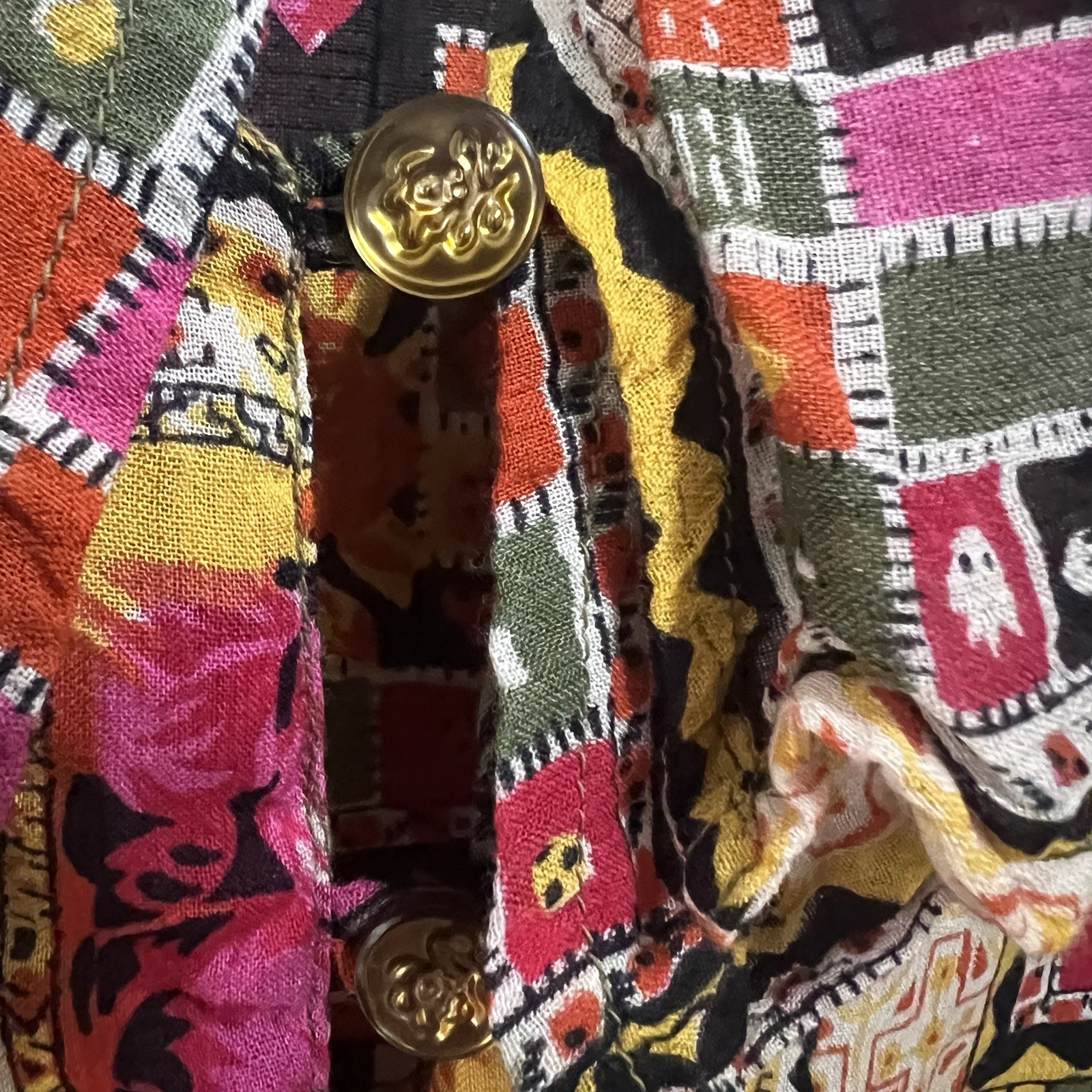 Vintage Gitano Blouse M Patchwork Floral Ruffle Collar Rayon Cotton 80s 90s Top