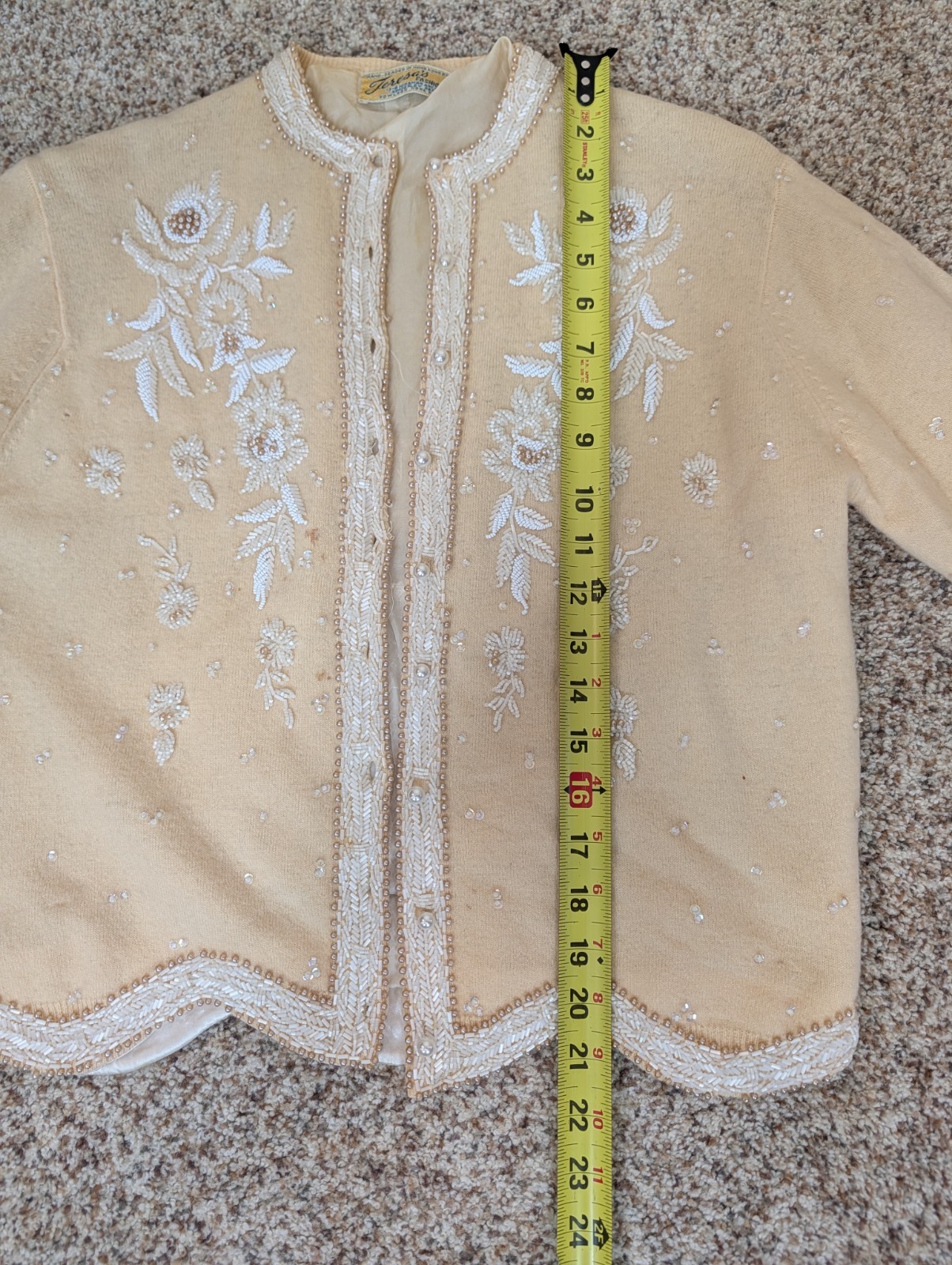 Vintage 1950s Hand Beaded Cardigan Cream With White Floral Beading Size Small