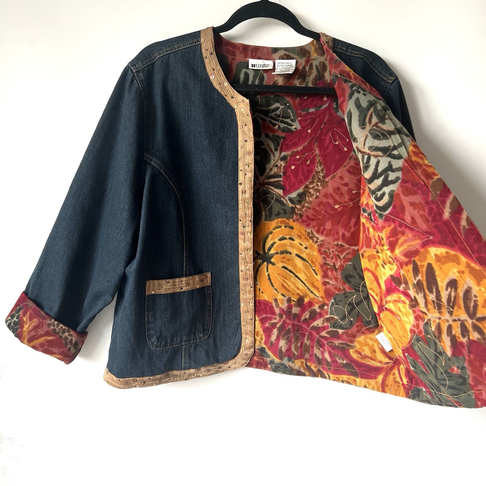 Vintage Units Denim Jacket Reversible Floral Art To Wear Sequins Womens XL FLAW