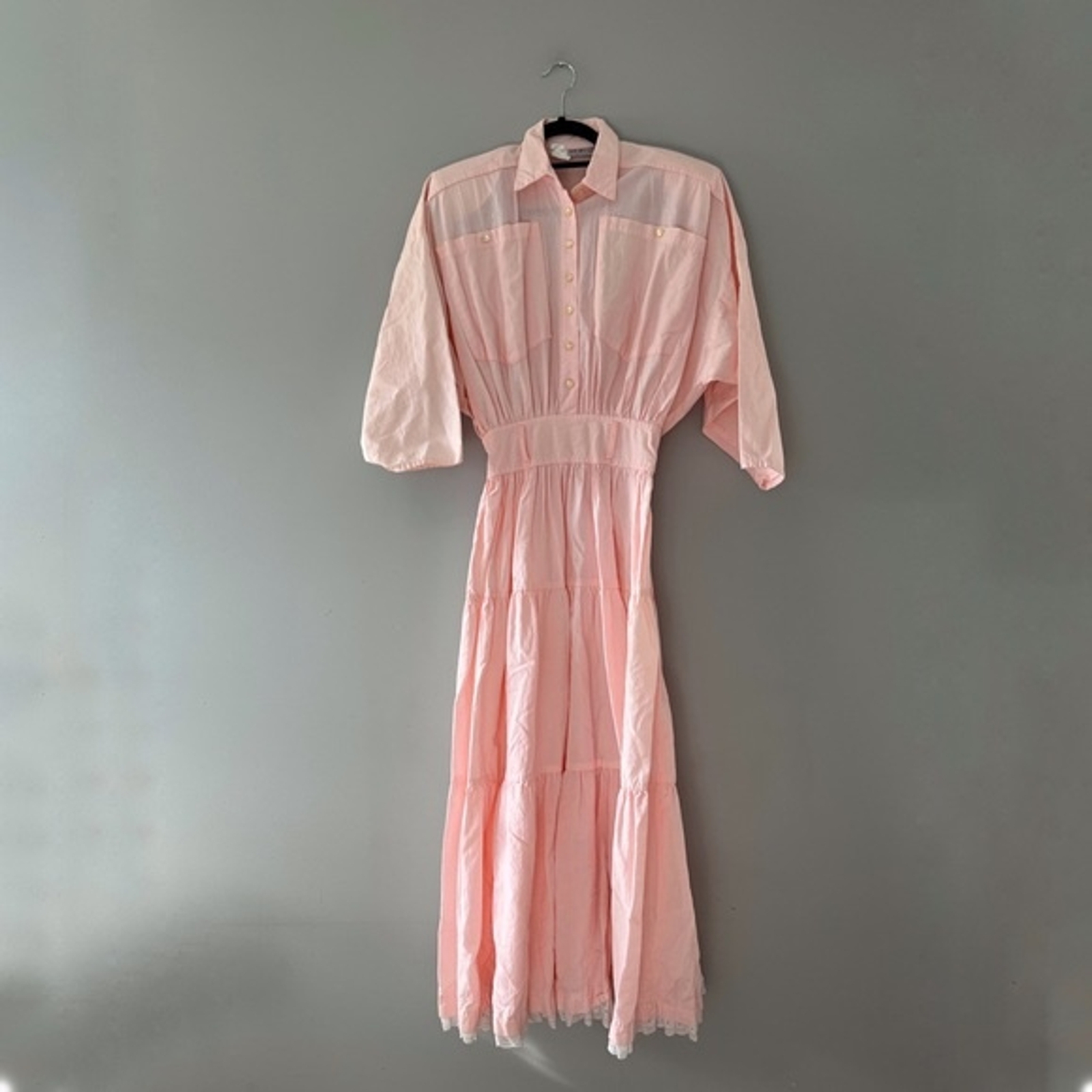 Vintage Sarah Taylor pink midi dress lace trim blouson dolman sleeve