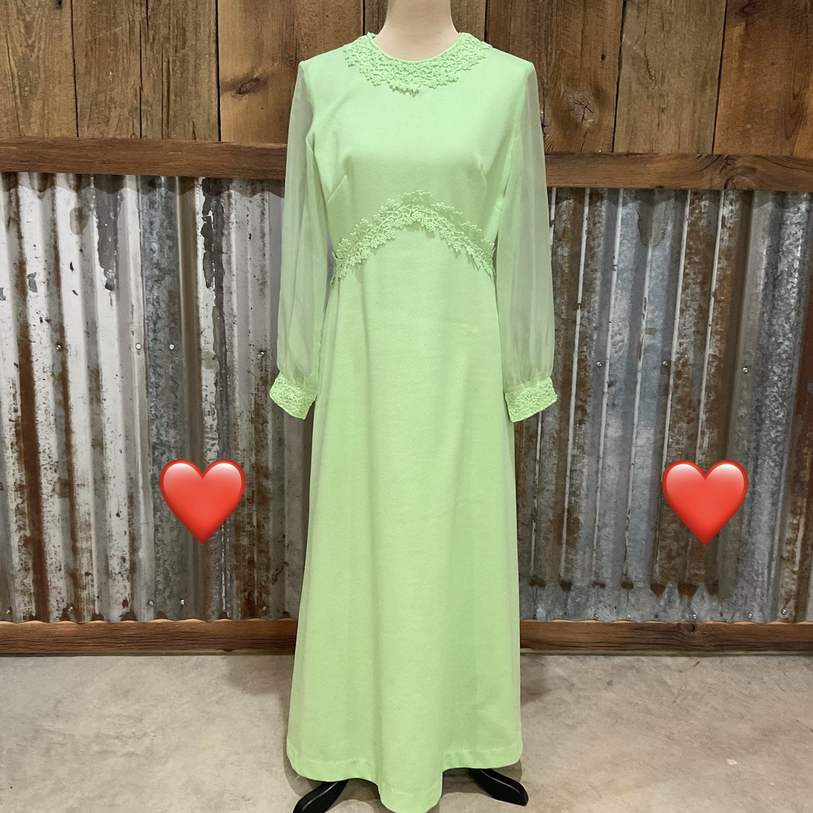 Vintage 60&rsquo;s 70&rsquo;s Green Formal Maxi Dress Sheer Sleeves Size Small or Medium