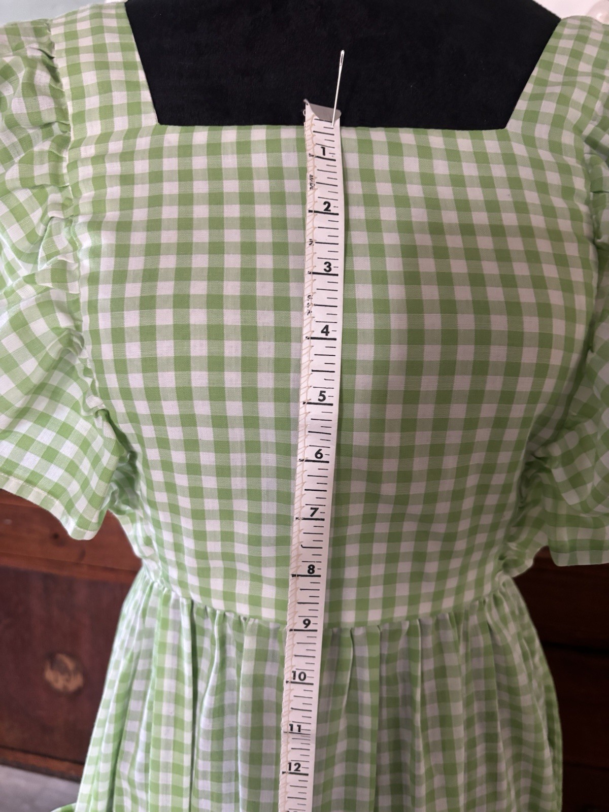Vintage Cottagecore Light Green Gingham Prairie Dress Ruffle Sleeve Maxi