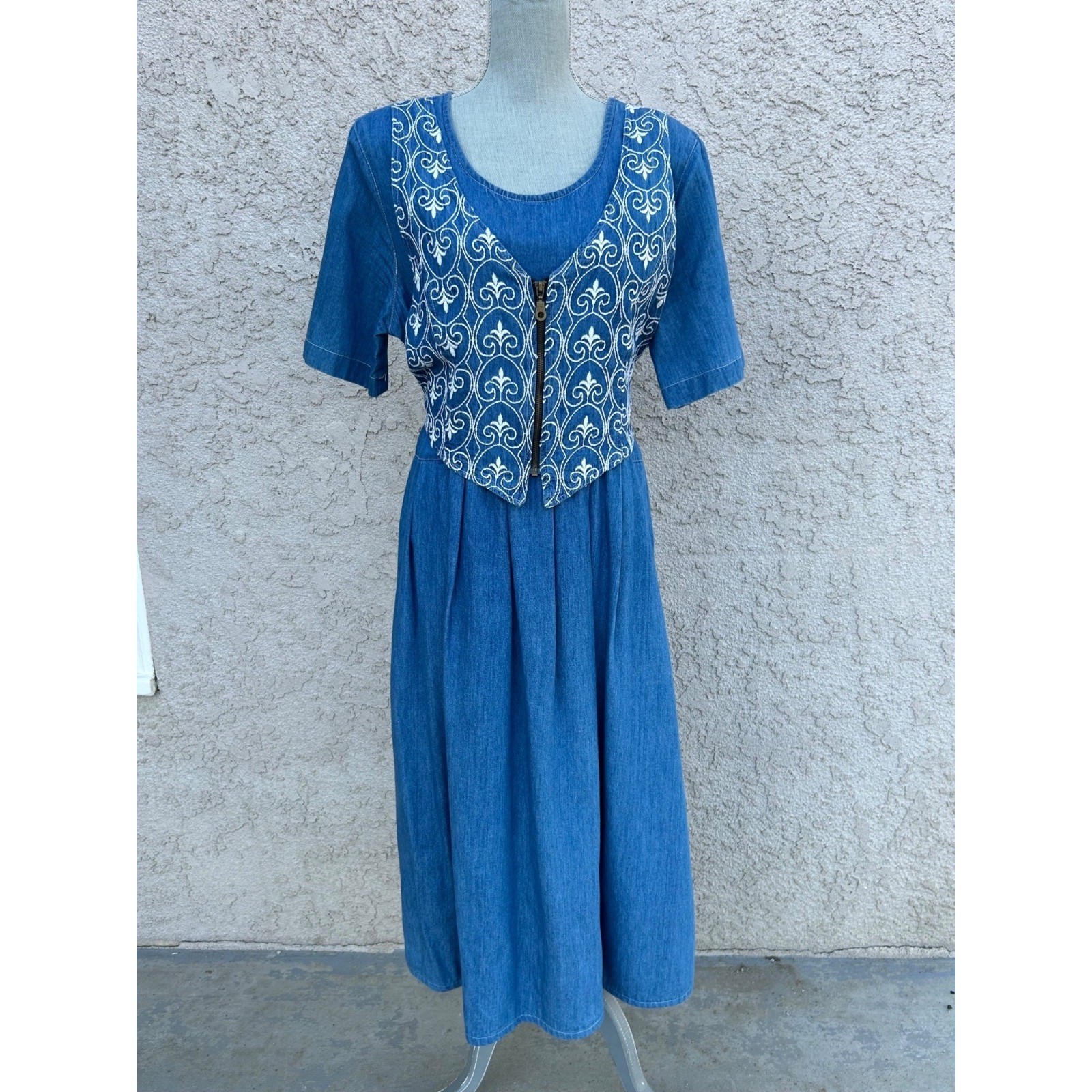 Vintage 90s Chambray Denim Cotton Prairie Dress with Vest and Tie Back – Size 16