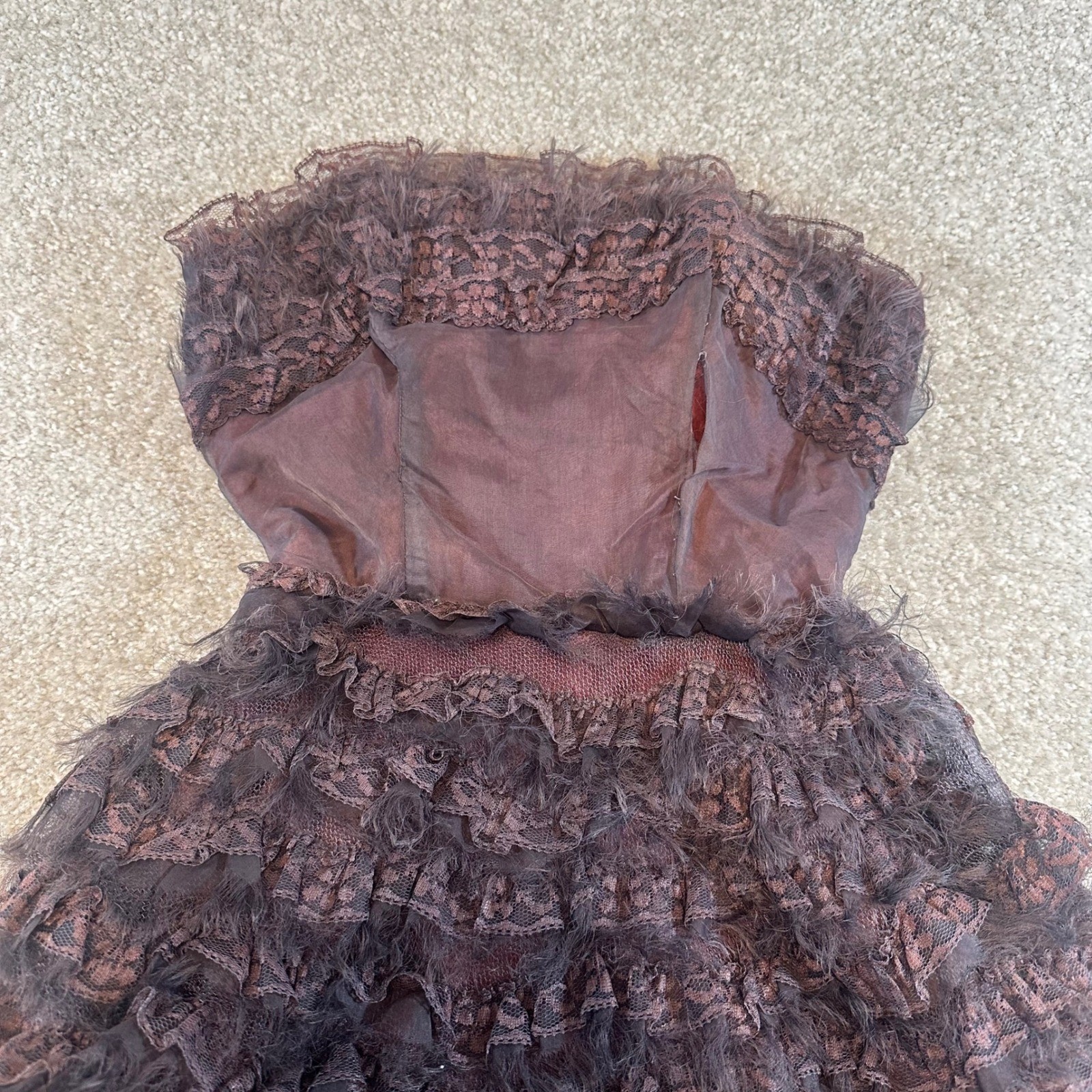 Vintage 1950s Strapless Lace Ruffle Ball Gown Tiered Tulle Dress Purple Fair **