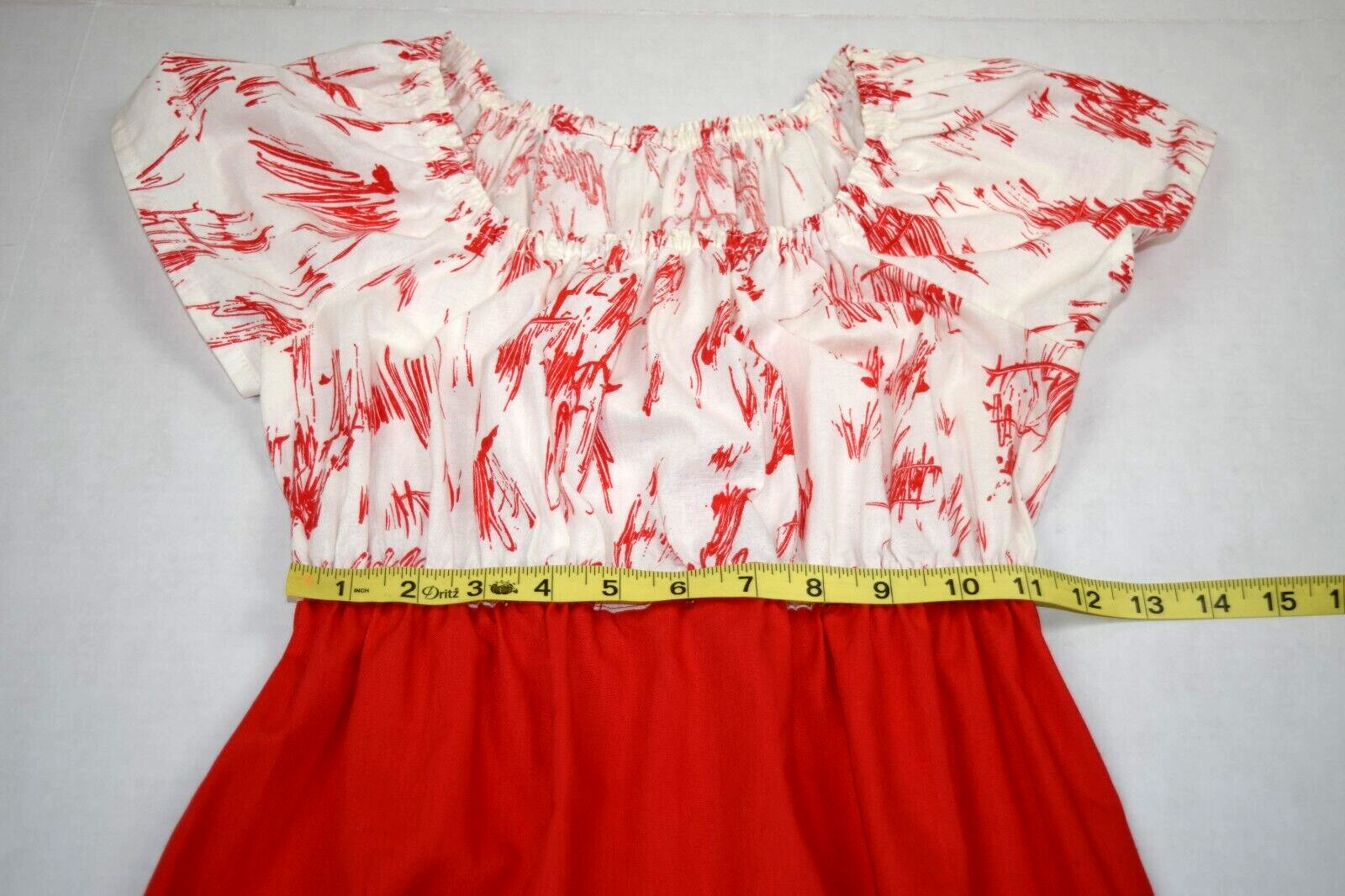 Vintage Handmade Maxi Dress Size S/M 70s Cherry Red White Cinch Waist
