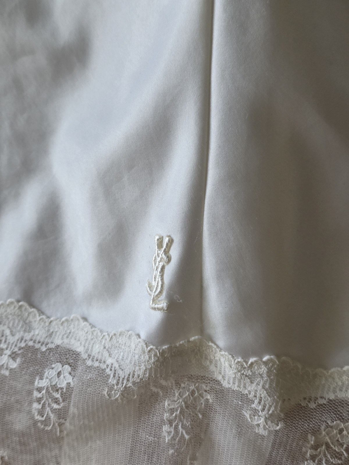 YSL Lingerie Satin Camisole 34 Embroidered Logo, Lace Trim, Vintage Made France