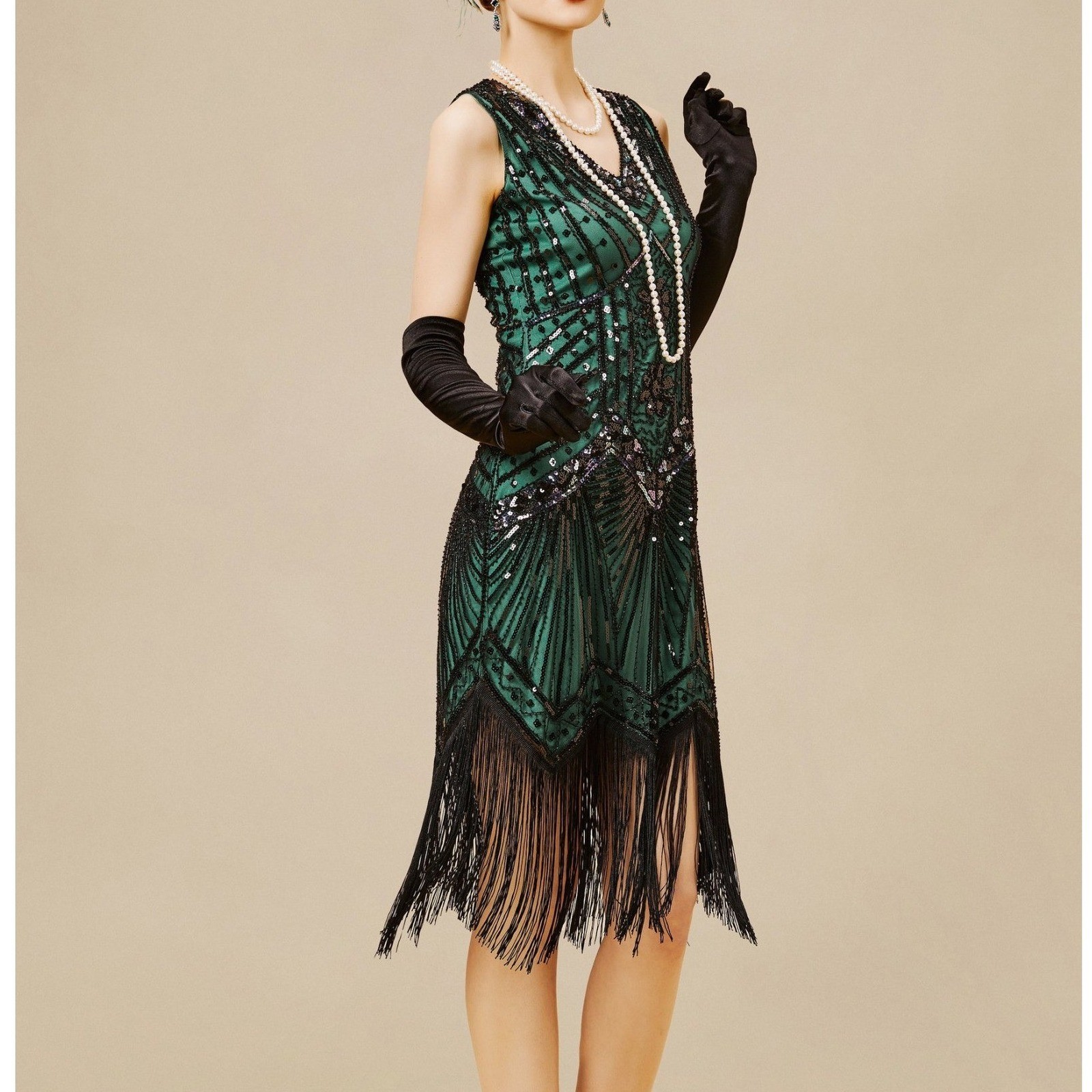 BABEYOND Green Black Sequin Fringe Flapper Dress Gatsby Art Deco 1920s NWT 2XL