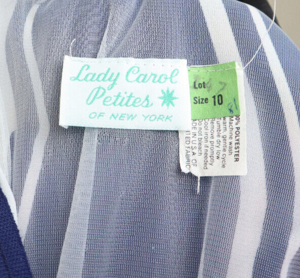 VINTAGE WOMEN&rsquo;S SHEER BLUE STRIPED BELTED DRESS – LADY CAROL – SIZE 10P