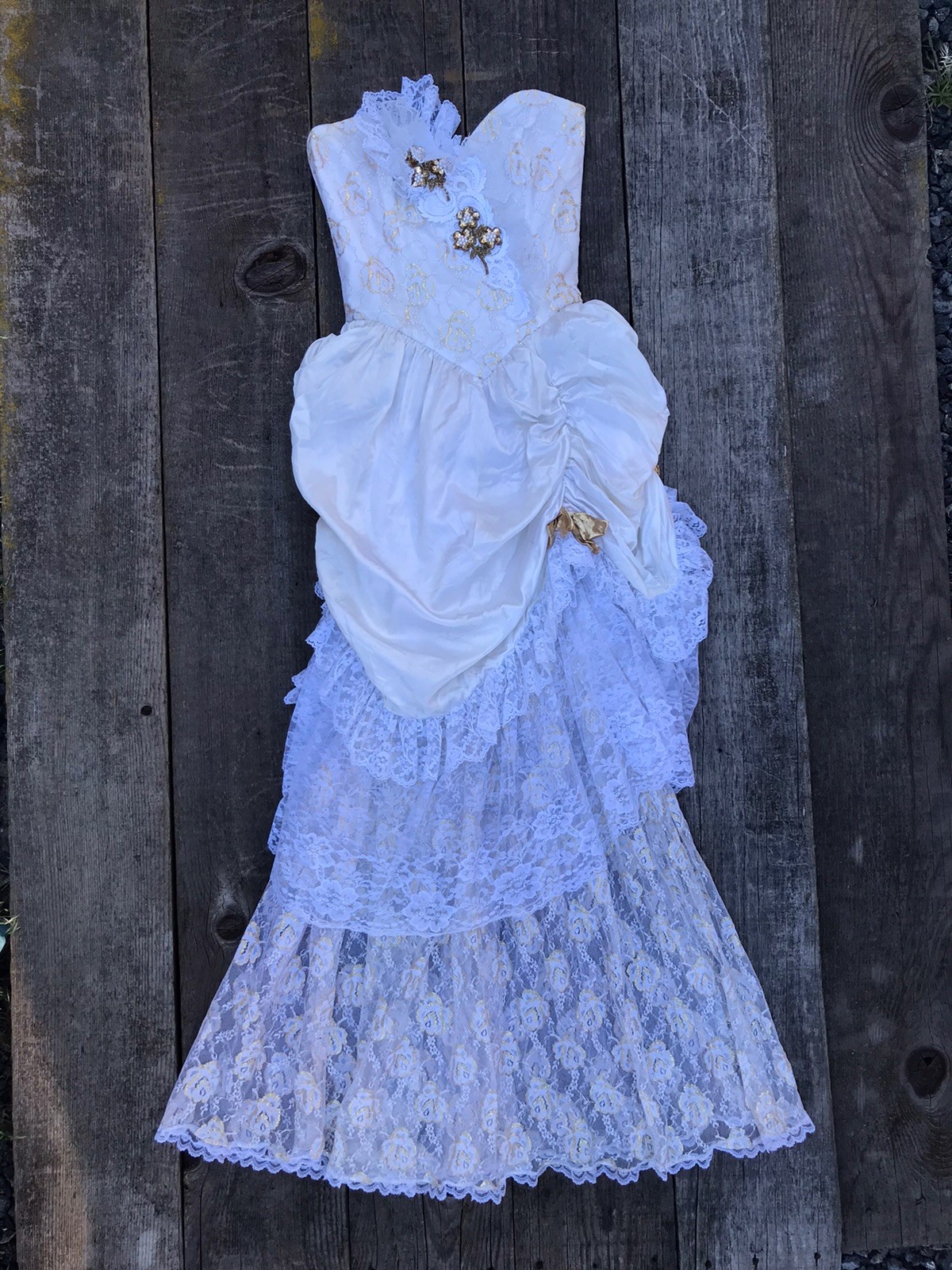 VTG 80s Loralie Strapless Ivory and Gold Satin and Lace Tiered Sequined Dress XS