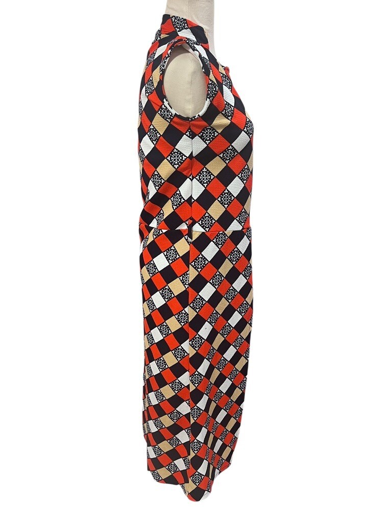Vtg 70s Blue Orange White Motif Diamond Print Sleeveless Maxi Dress Groovy Cat