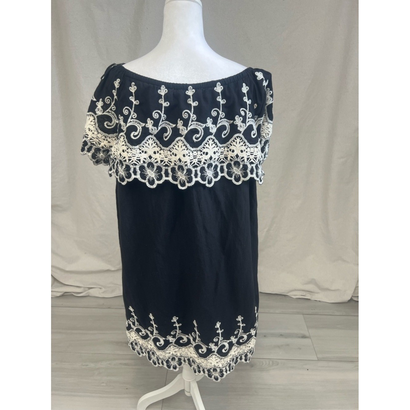 Fever Cottagecore Dress Embroidered Lace Off the Shoulder Black White Sz XL Boho