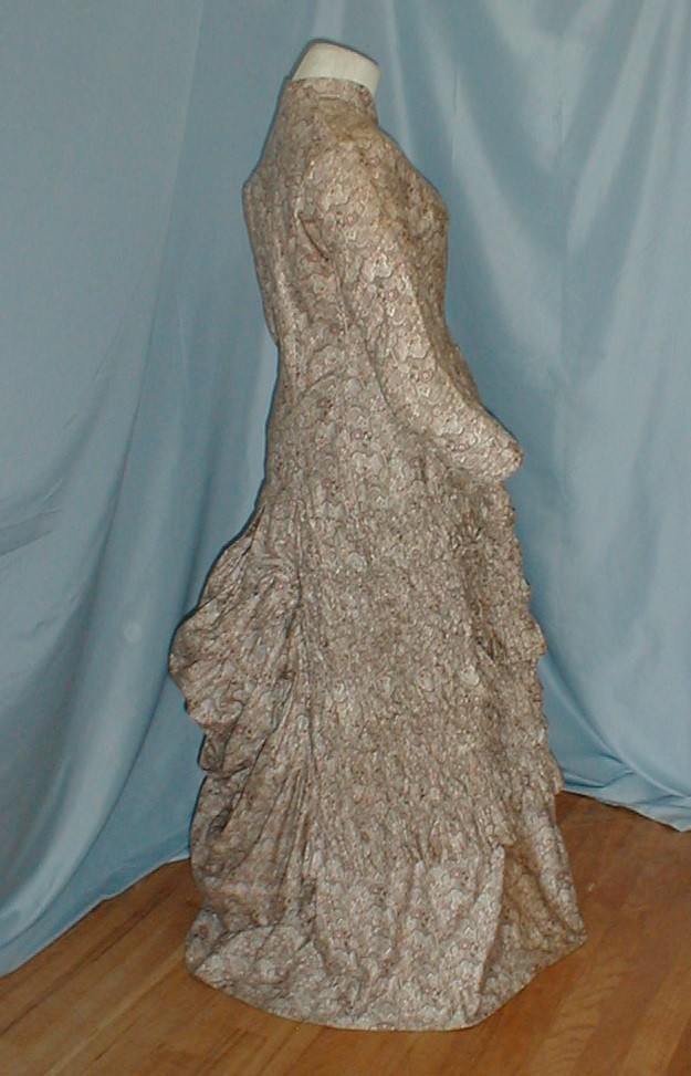 Charming Antique Bustle Dress Victorian 1880 Beige Printed Cotton