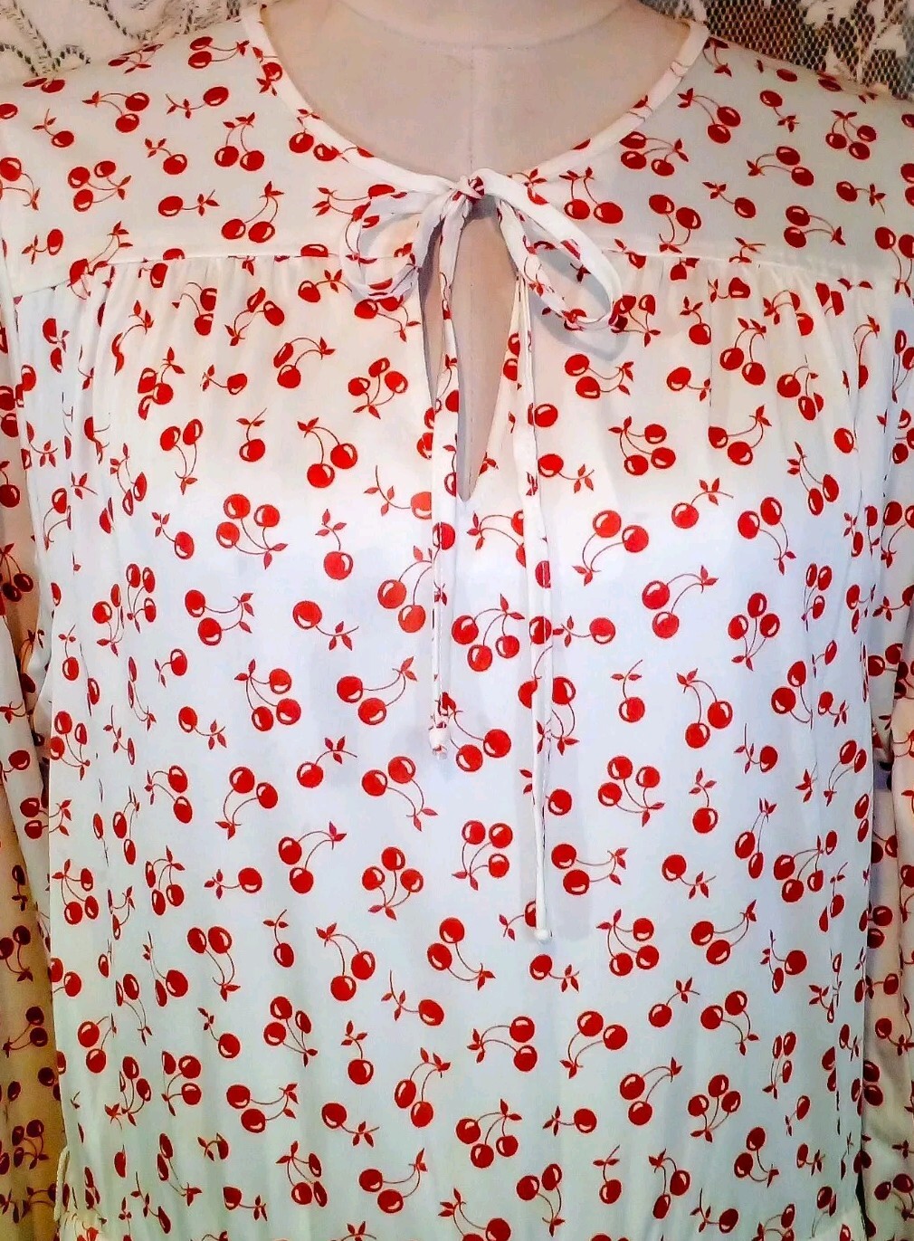 VTG 70s Novelty Cherries Print Midi Secretary Dress w Skinny Bow Elastic Waist M