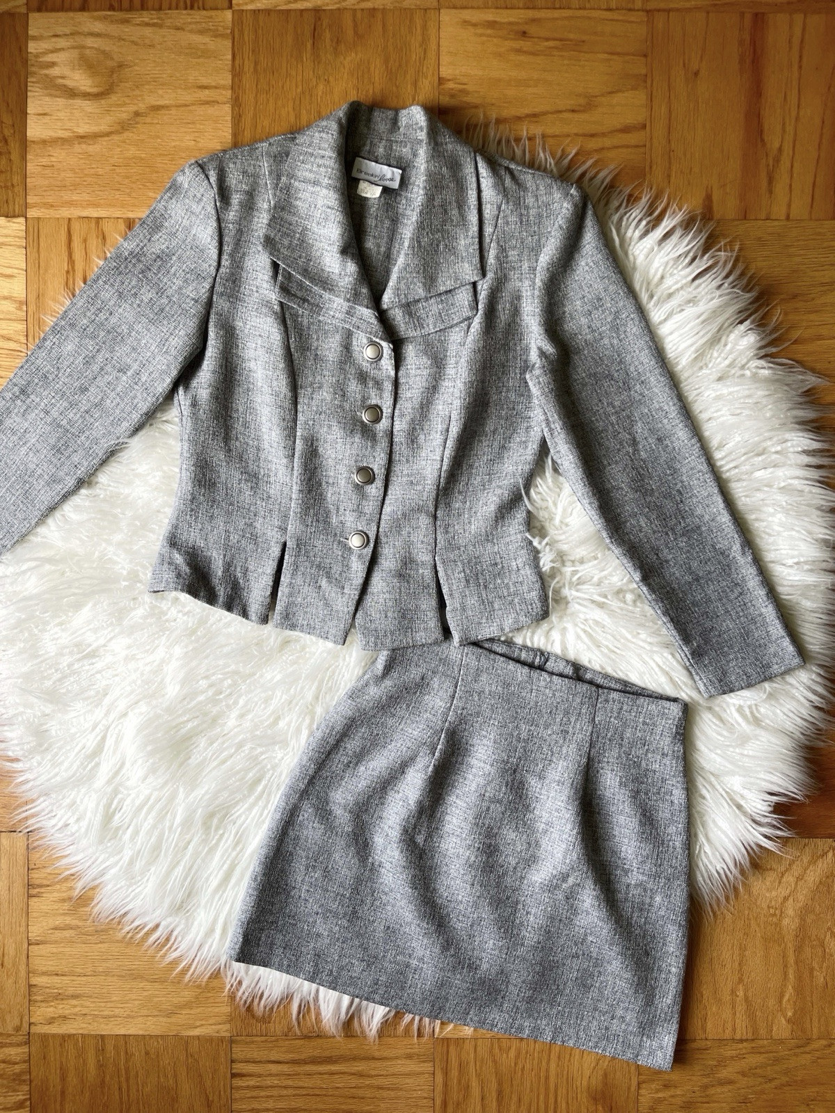 Vtg 90s Gray Tweed Mini Skirt Jacket Set Breakin Loose 7/8