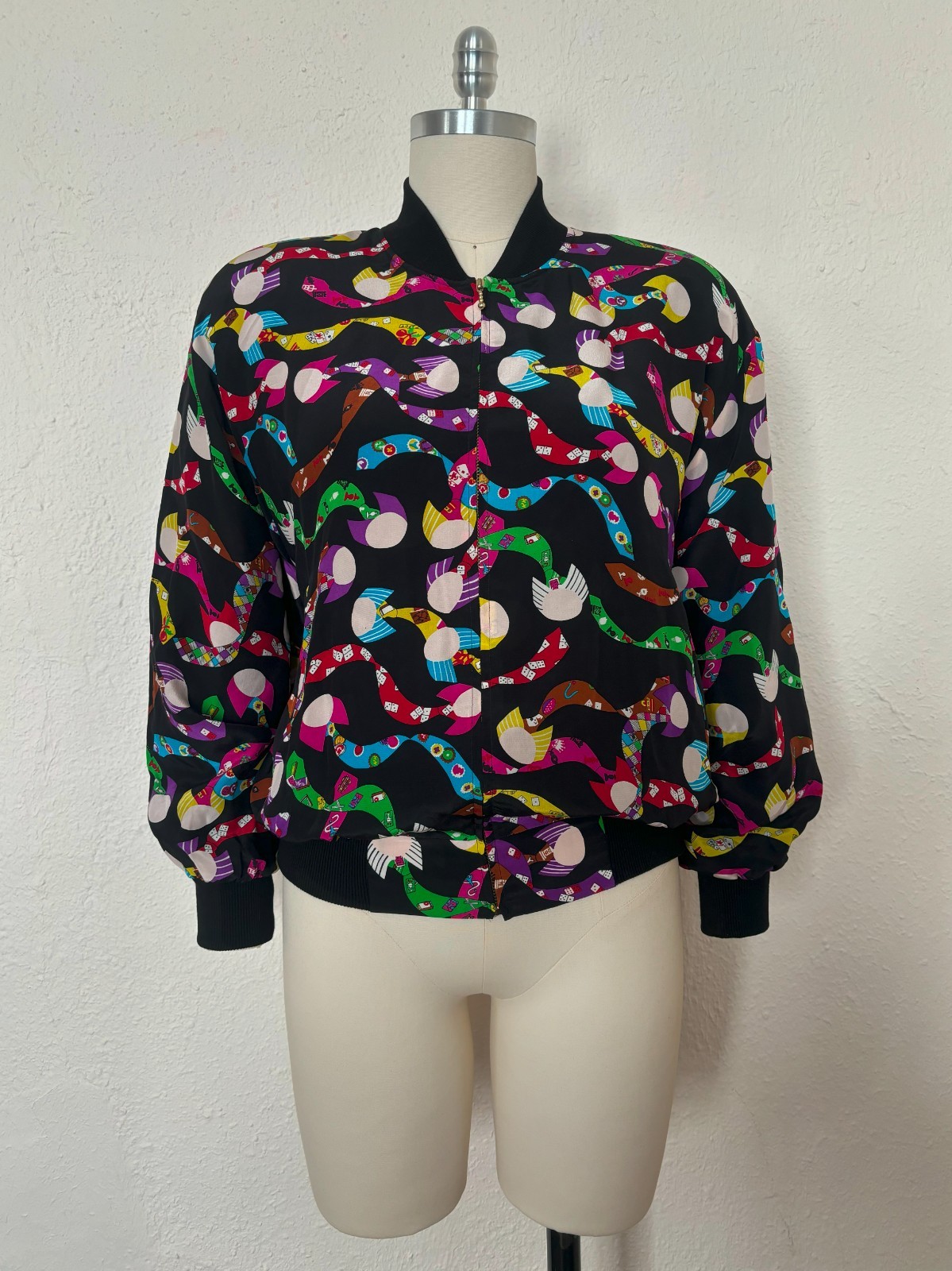 1990s Black Silk Bomber Style Jacket by Spenser Jeremy, Medium to Large