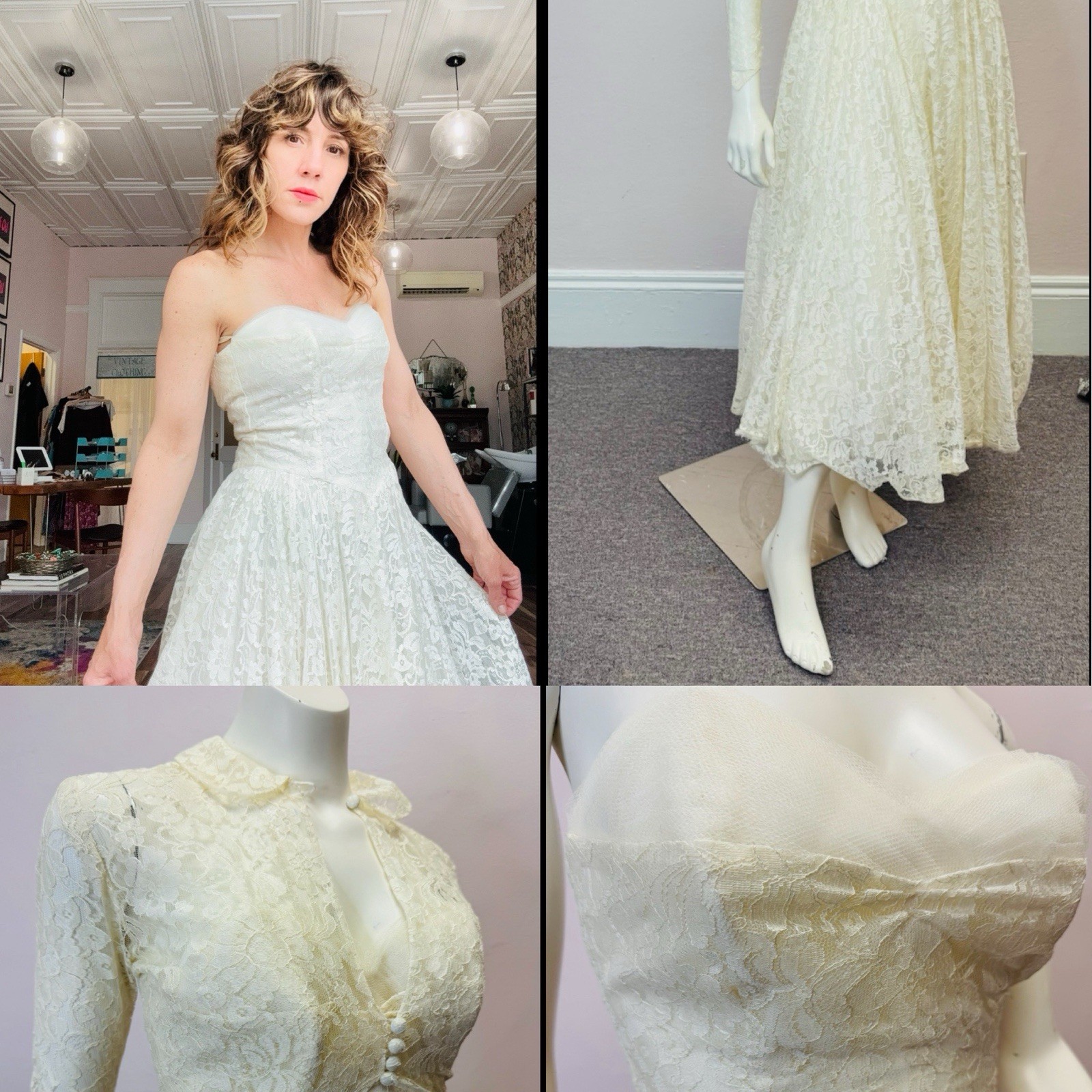 Vintage 50s Nip Waist Full Skirt white lace tulle wedding dress jacket set XS