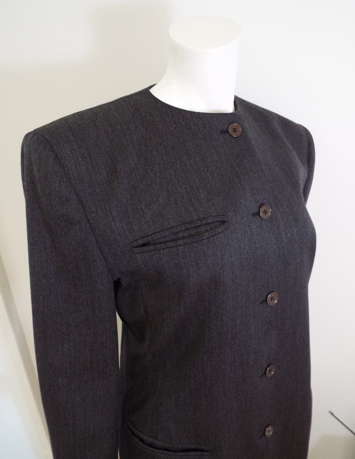 Vintage 1980s Claude Montana Gray Wool Pant Suit Jacket Blazer Shoulder Pads SM