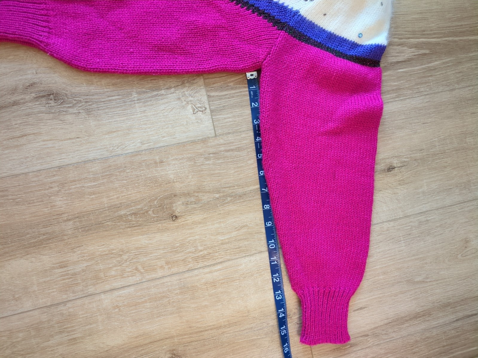 Vintage Bold Geometric Angora Wool Blend Top Fuschia Embellished 80s Mom Sweater