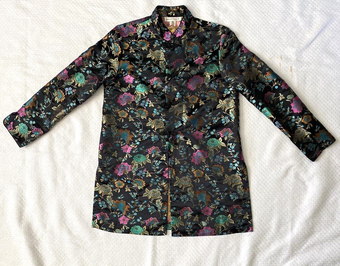 Vtg Industrie B Floral Kimono Jacket 🌸 Medium Black Rayon Blend Made in USA