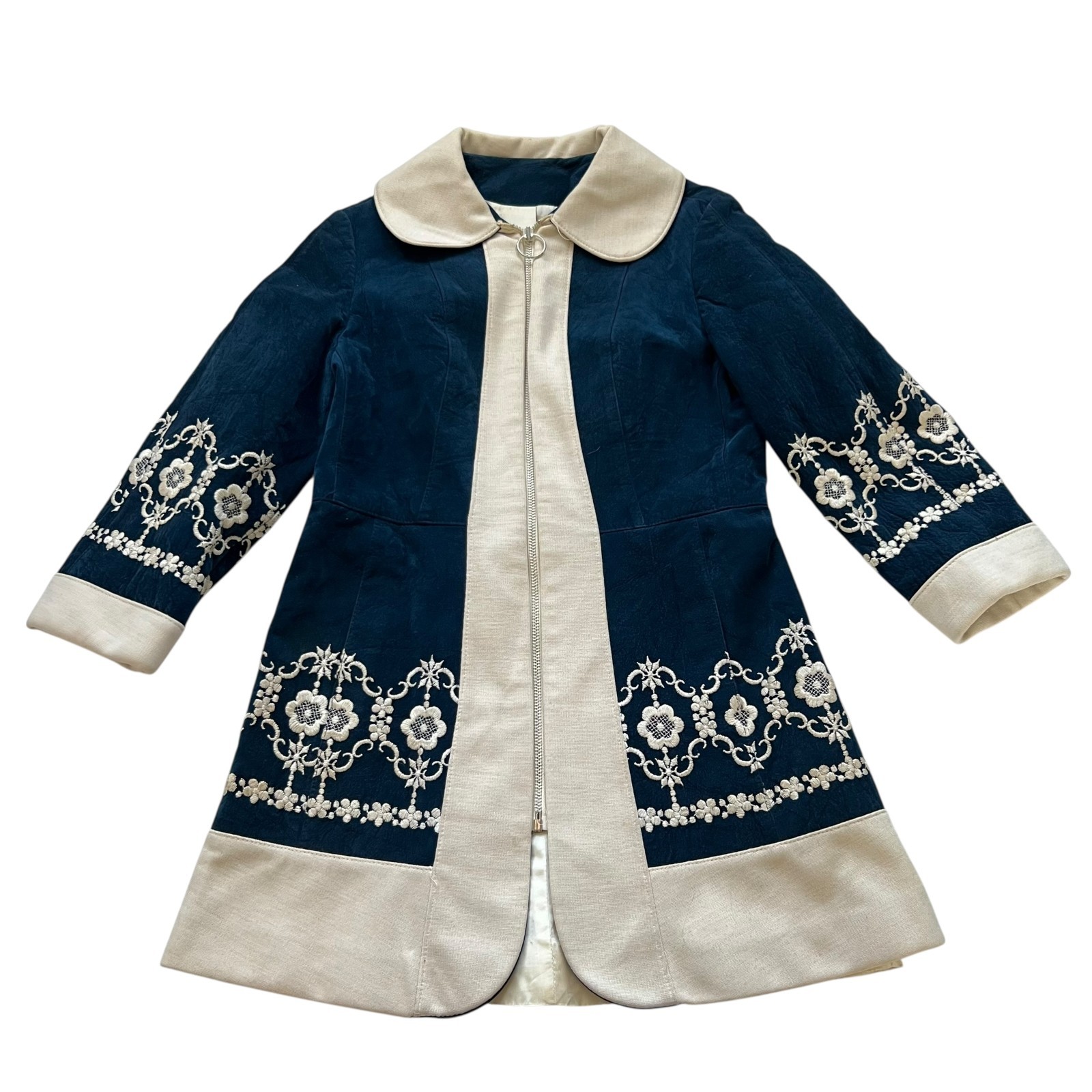 Vintage 1970s coat womens small navy blue faux suede white embroidered flowers