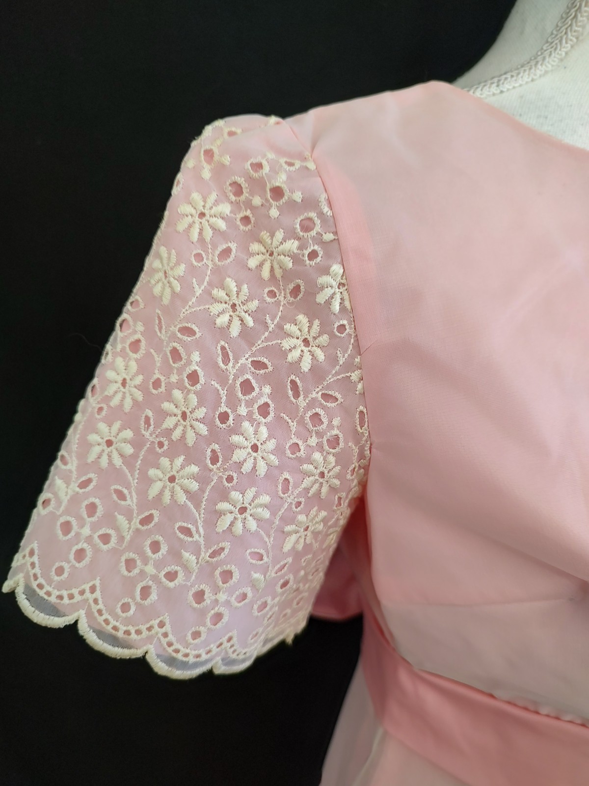60&rsquo;s Vintage Pink Dress Eyelet Organza Taffeta Coquette Girly Short Sleeve XS/S