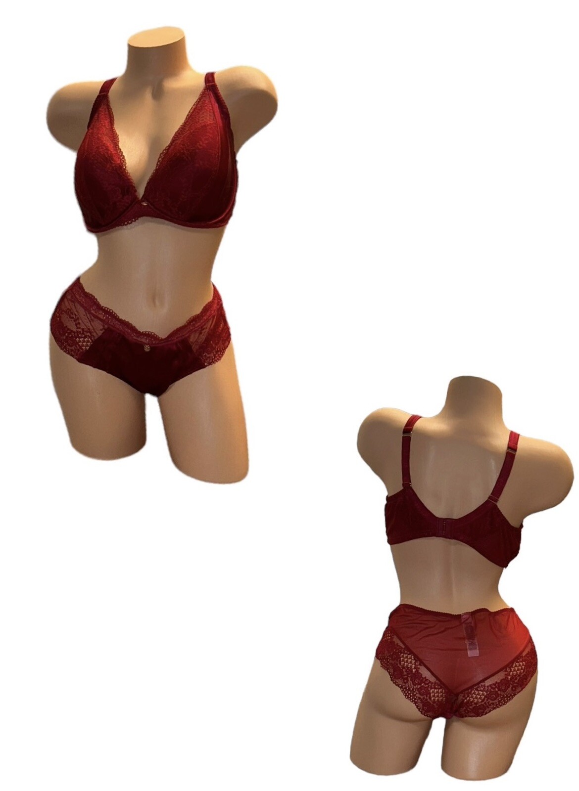 2PC AUTOGRAPH Deep Red Shiny Silky Sheer Satin Lace Panties & Bra 38DD NWOT
