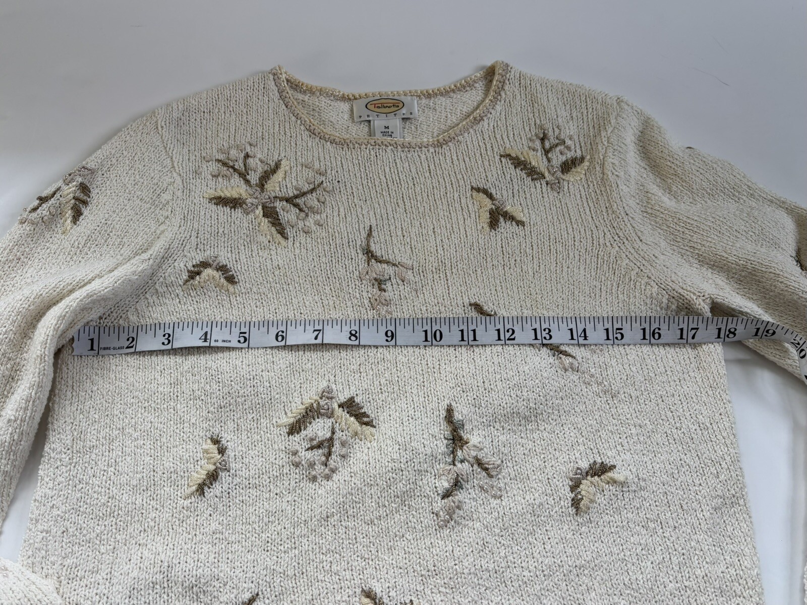 Vintage 90s Talbots Petites Beaded Floral Sweater M Ramie Cotton Beige