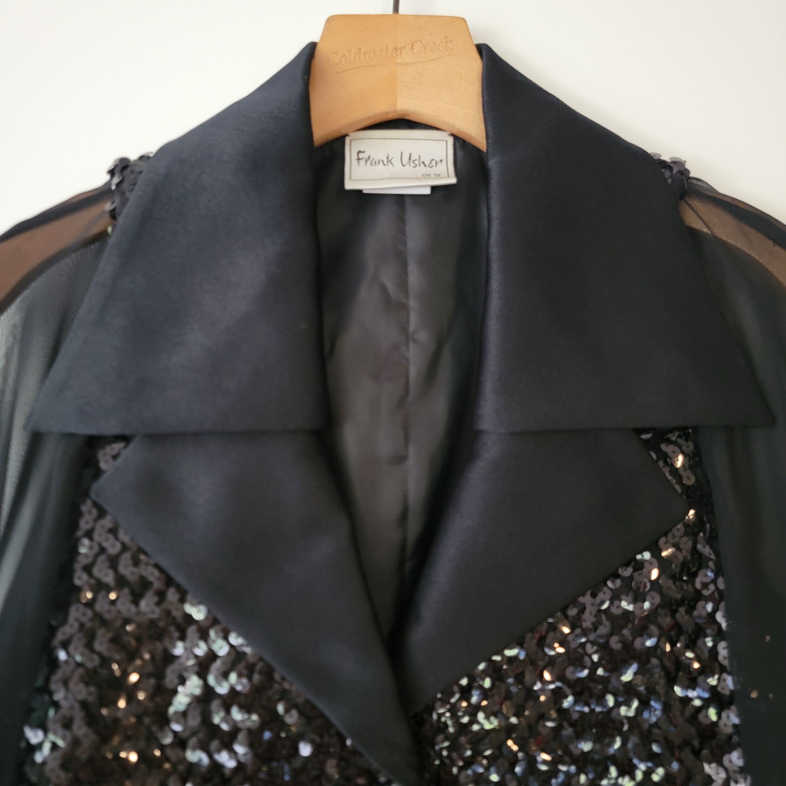 Vintage Frank Usher Sequin Top Sheer Arms Tuxedo Look Top US 8 UK 12 Designer