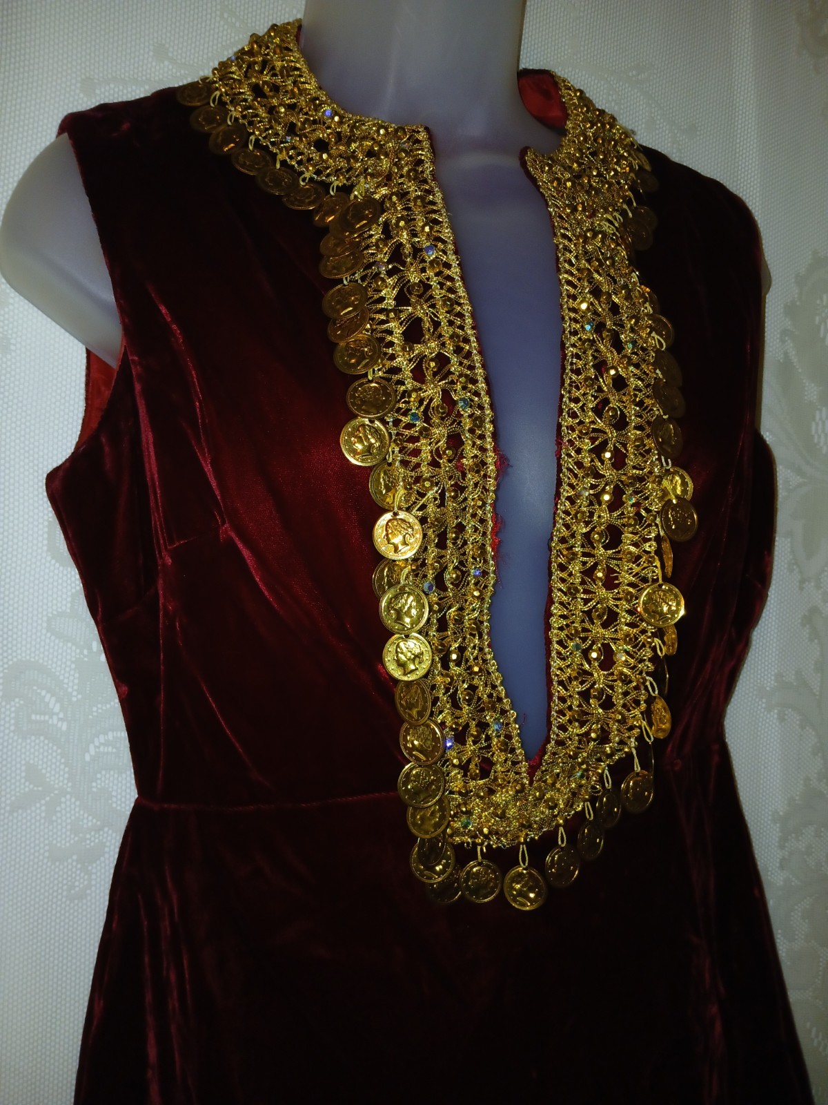 Vintage 60s Renaissance Revival Red Velvet Gold Brocade Coins Tunic Mini Dress