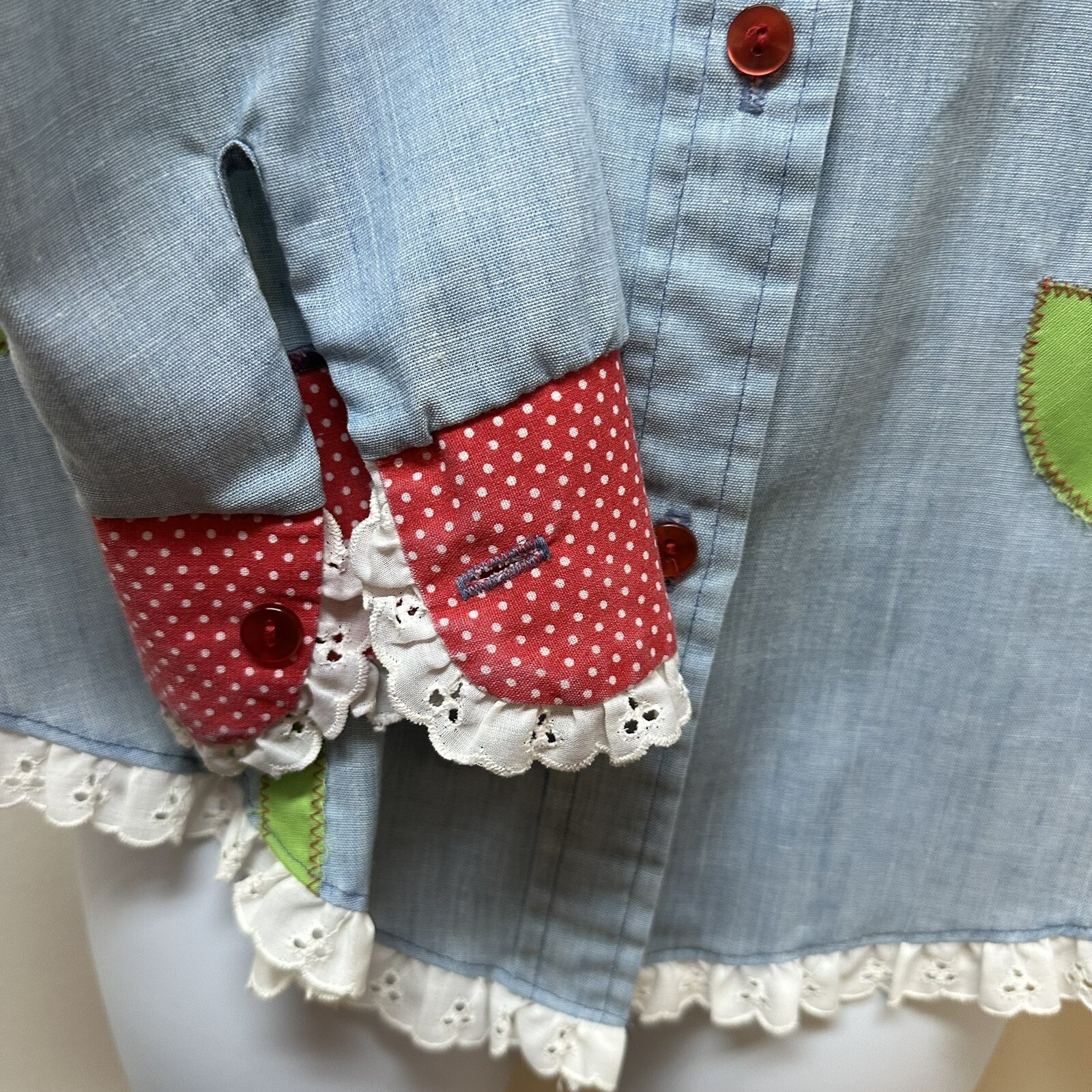 Vintage Eyelet Ruffle Patchwork Hippie Chambray Blouse Shirt Top Kitschy Flower