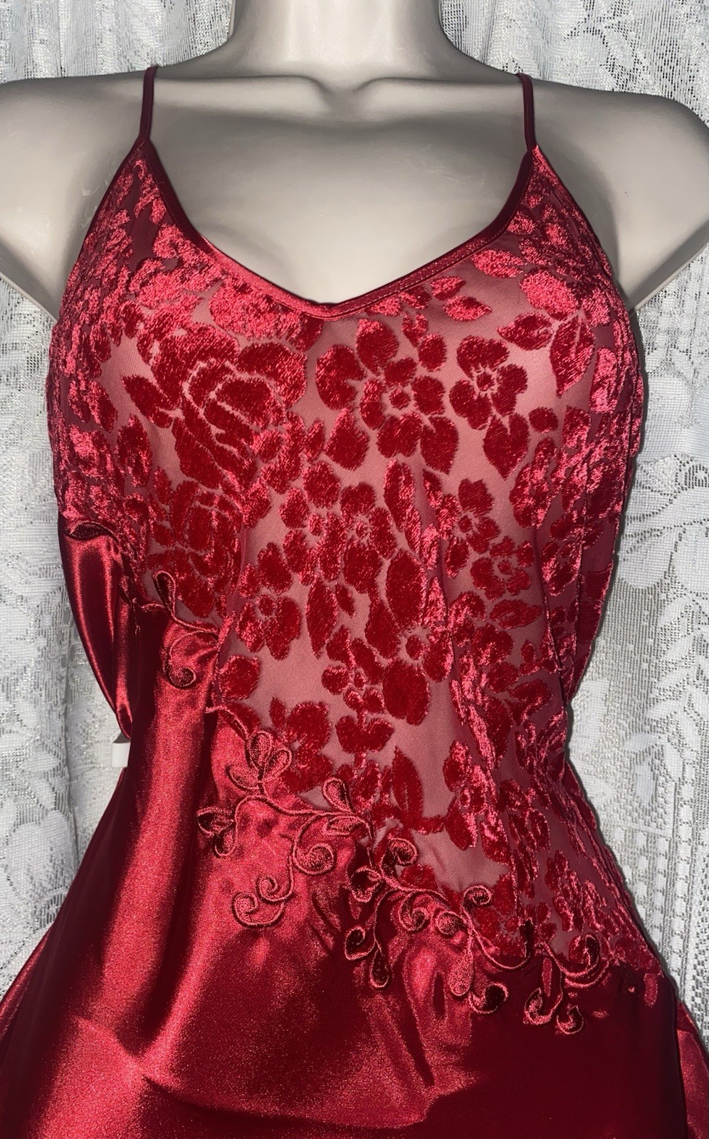Vtg NWT S M+ CHERRY Red Satin WRAP ILLUSION Babydoll Peignoir Robe Nightgown Set