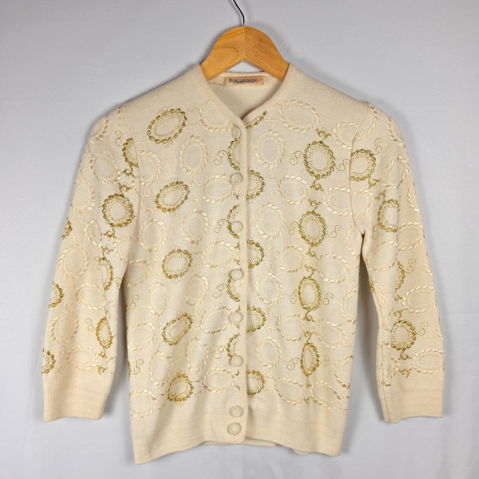 Vintage 50s Dainty Embroidered Metallic Cardigan Ivory XS/S Mid Century Glam