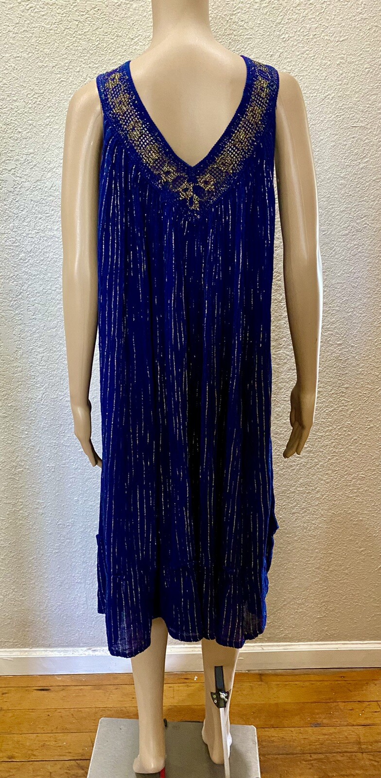 70s Boho Indigo Blue Sheer Cotton Gauze Gold Metallic Crochet Lace Sundress OS