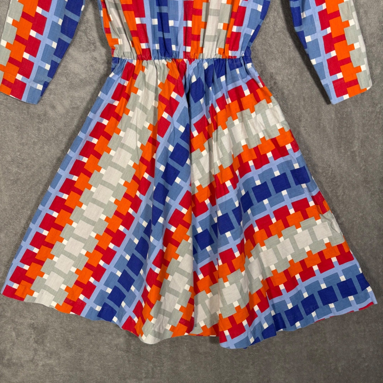 Vintage Geometric Pixel Print Fit & Flare Shirt Dress Multicolor 70s Style MCM