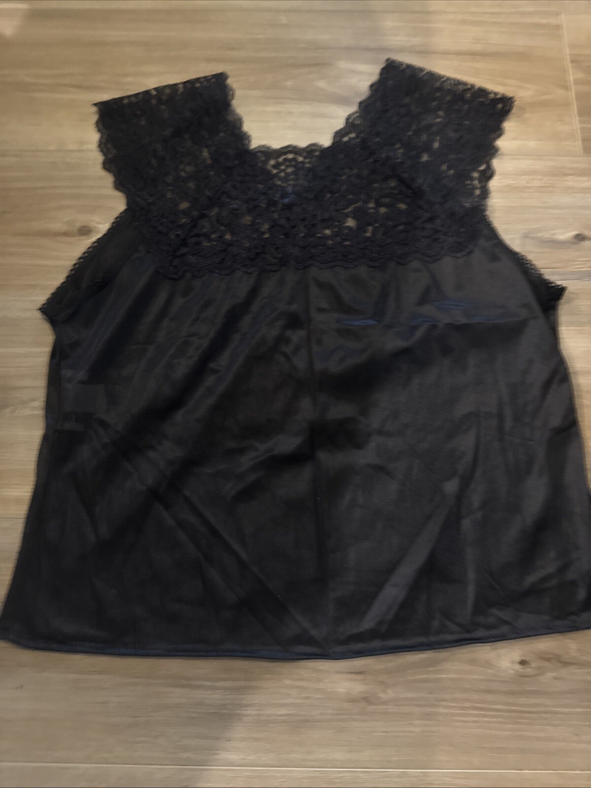 VINTAGE SLIP TOP CAMISOLE FULL FIGURE CAMI LINGERIE BLACK LACE TRIM USA L