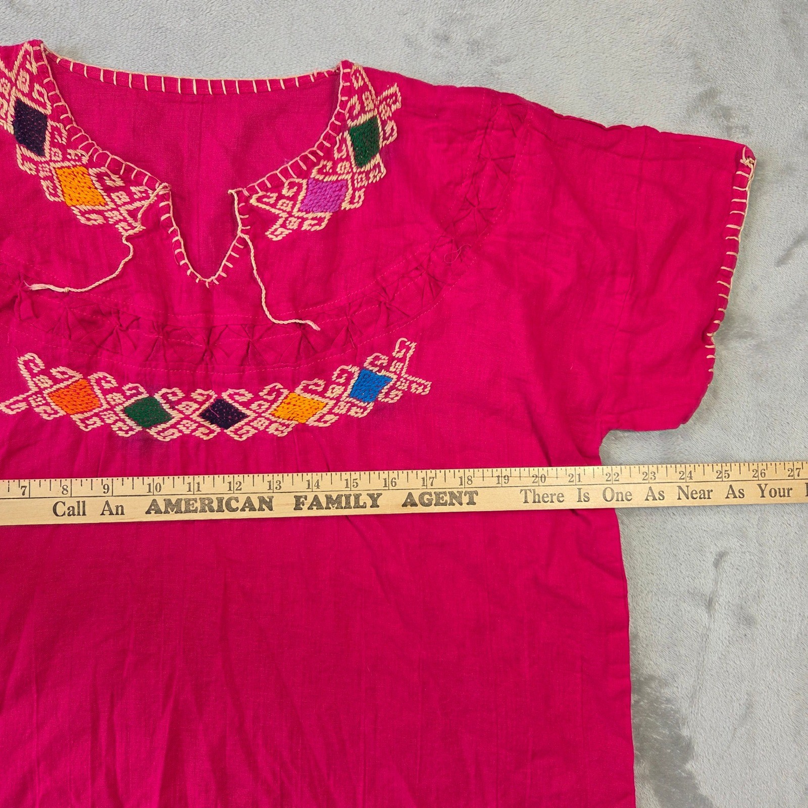 Vintage Mexican Peasant Blouse Hot Pink Hand Embroidered Huipil Boho Top Large