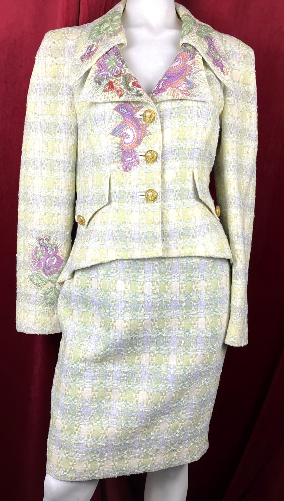 36 Vintage 1990s Christian Lacroix Embroidered Tweed Skirt Suit Point Collar