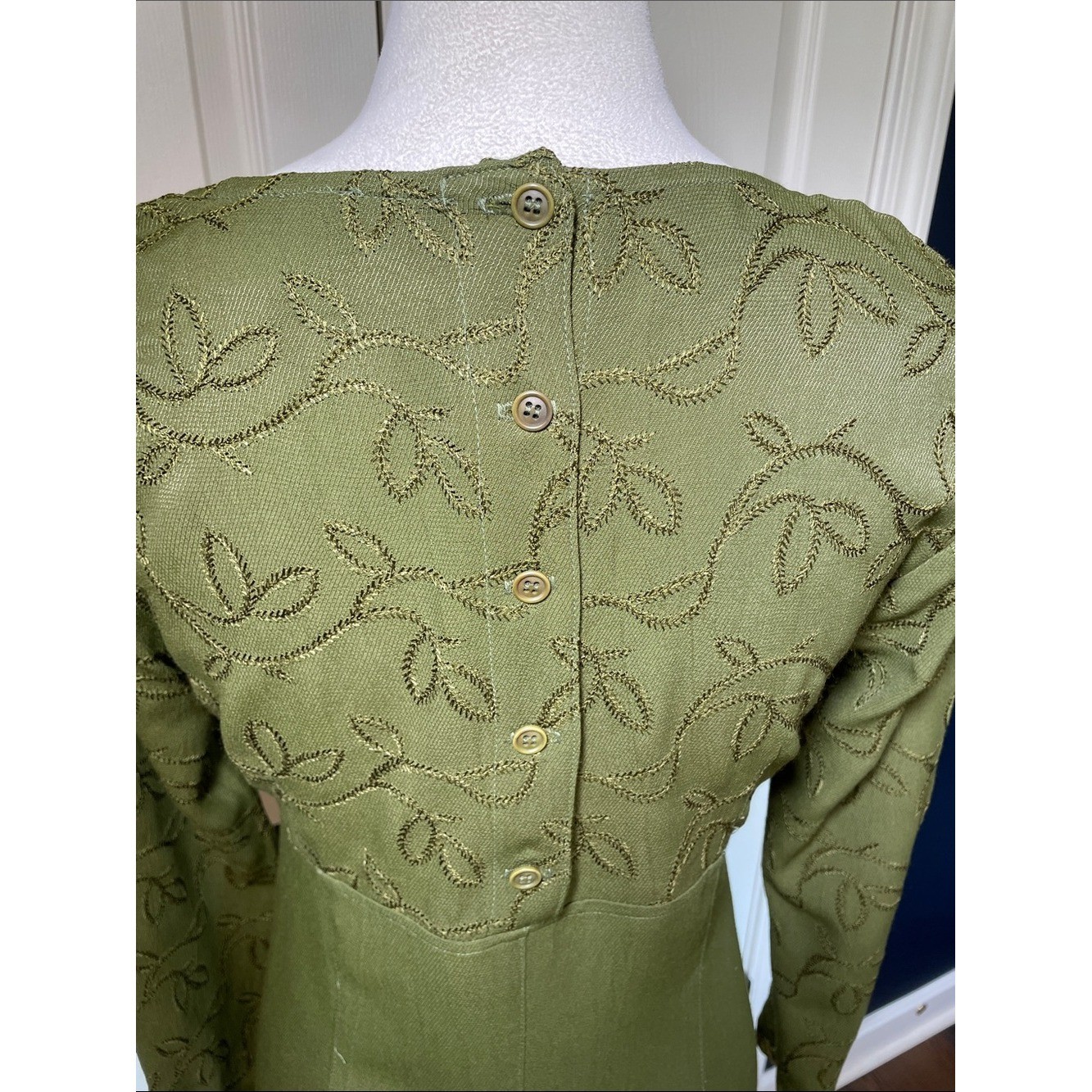 Vintage Johnny Was Embroidered Olive Green Maxi Dress Velvet Trim XS