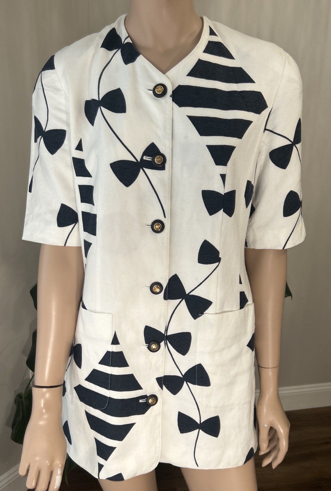 Louis Feraud Vintage 60s 70s Mini Linen Blend Blazer Dress Sz 6 Kite Pattern