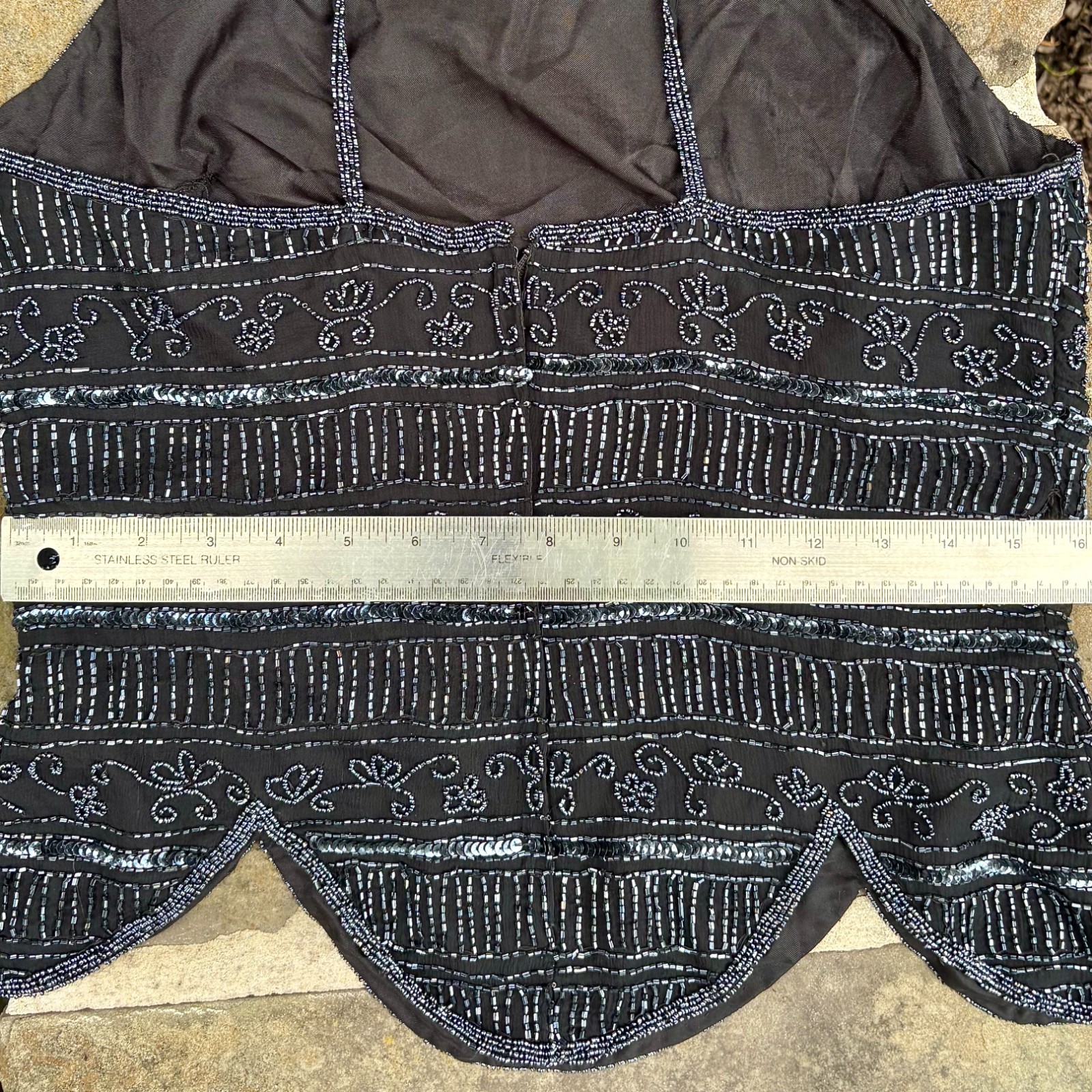 vtg BLACK silk BEADED fitted TOP CAMISOLE scallop by STENAY size XL seed & bugle
