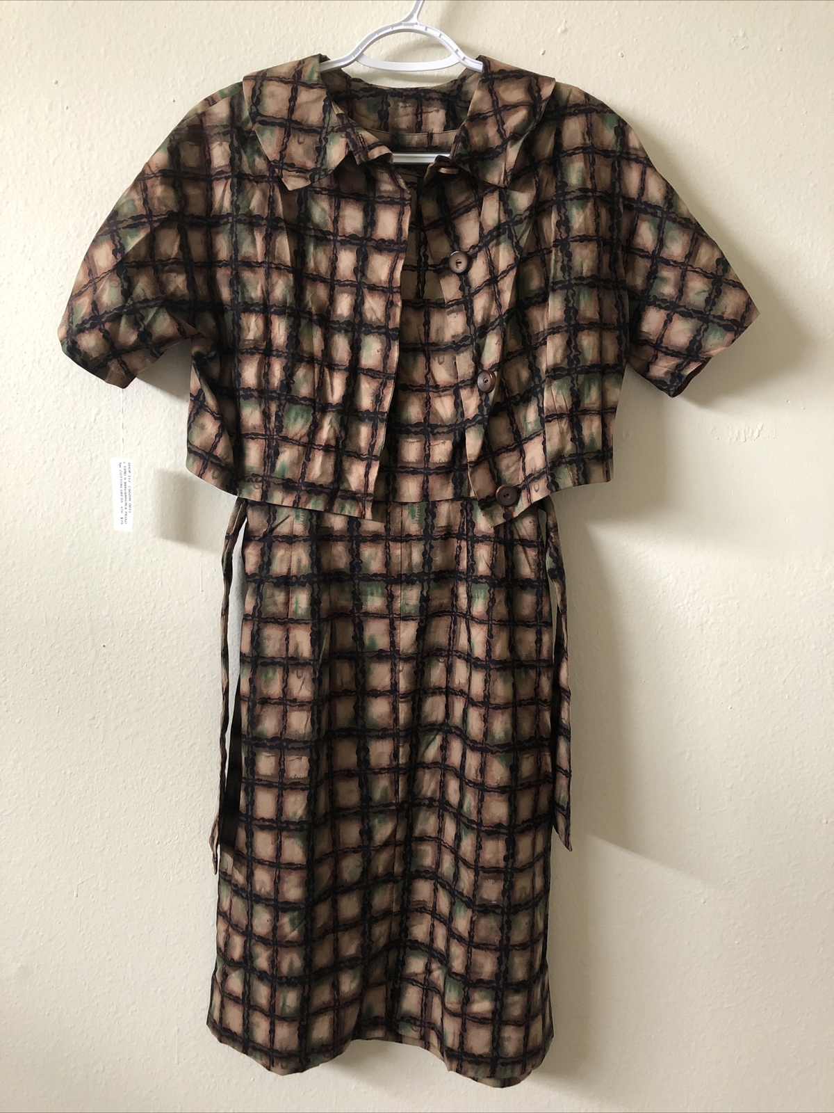VTG 1950s 3pc Cotton Dress Set Brown Green Black Print Size S/M New Old Stock