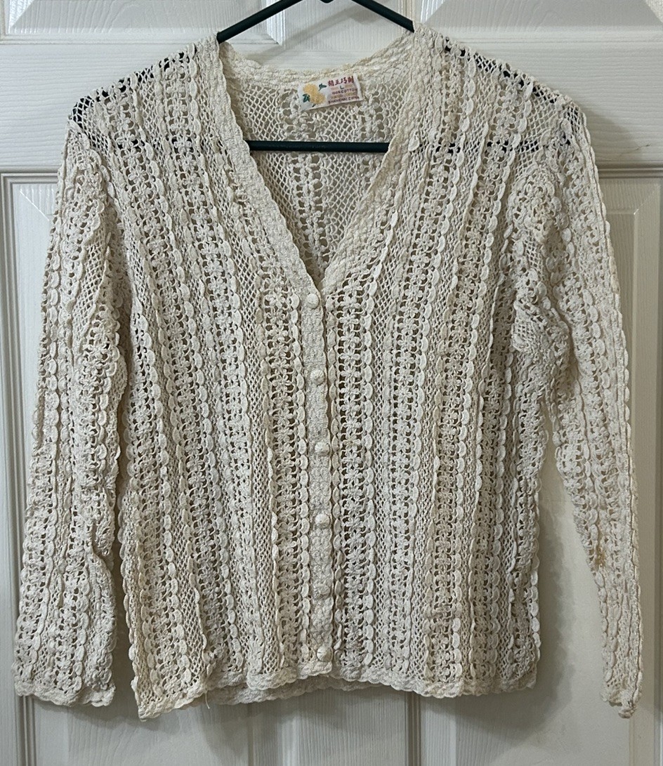 Vintage Shanghai Handmade Cotton Crocheted Cardigan Sweater Wmns LG Ecru *READ*